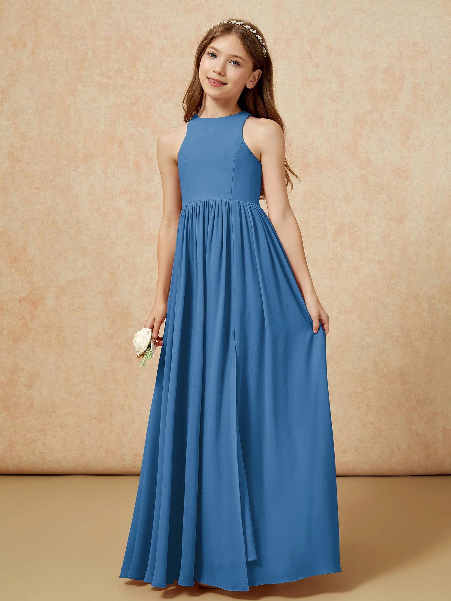 Einfach Ärmellos Chiffon Junge Brautjungfernkleider Tinte Blau - Image 6