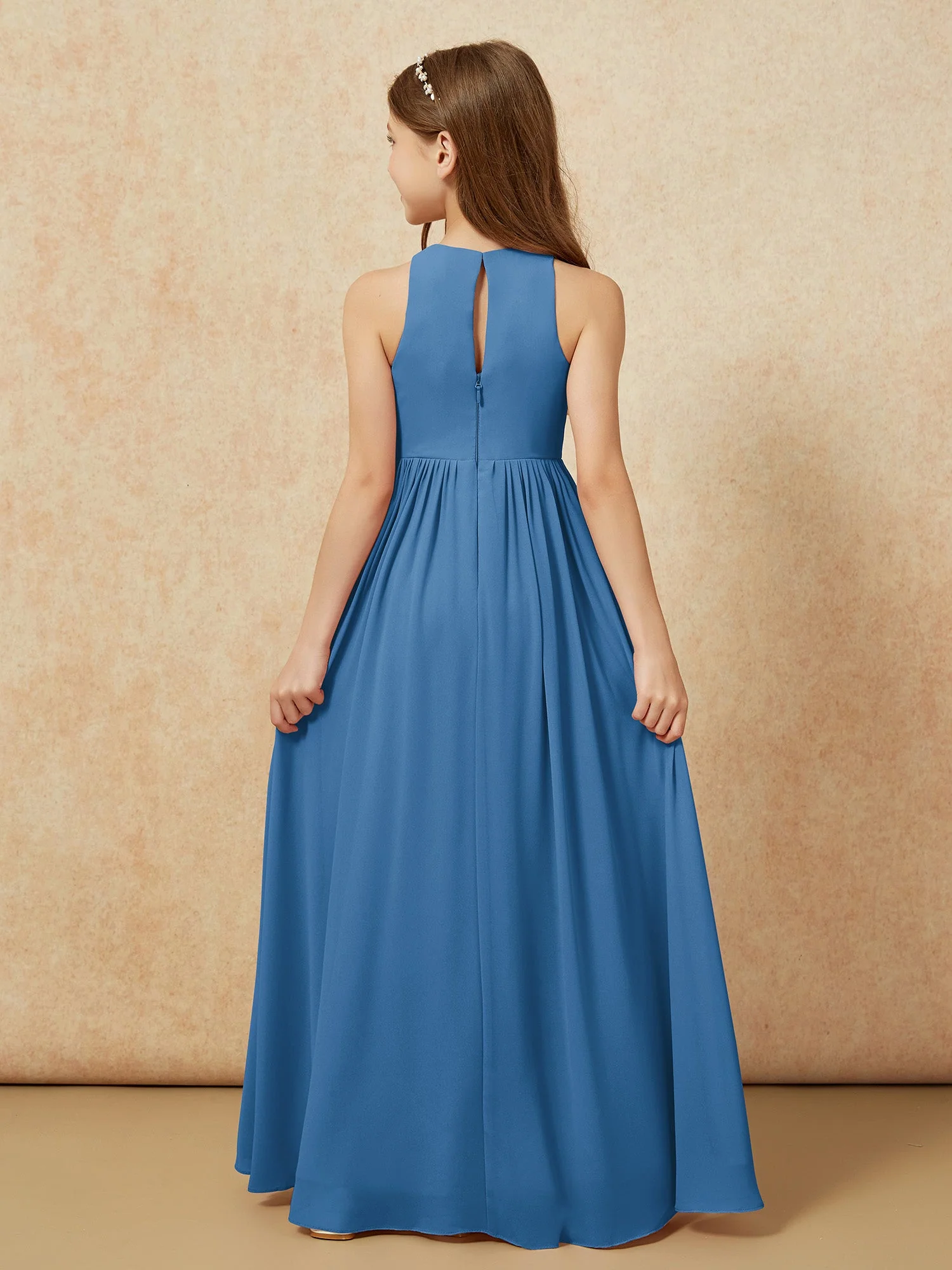 Einfach Ärmellos Chiffon Junge Brautjungfernkleider Tinte Blau - Image 7