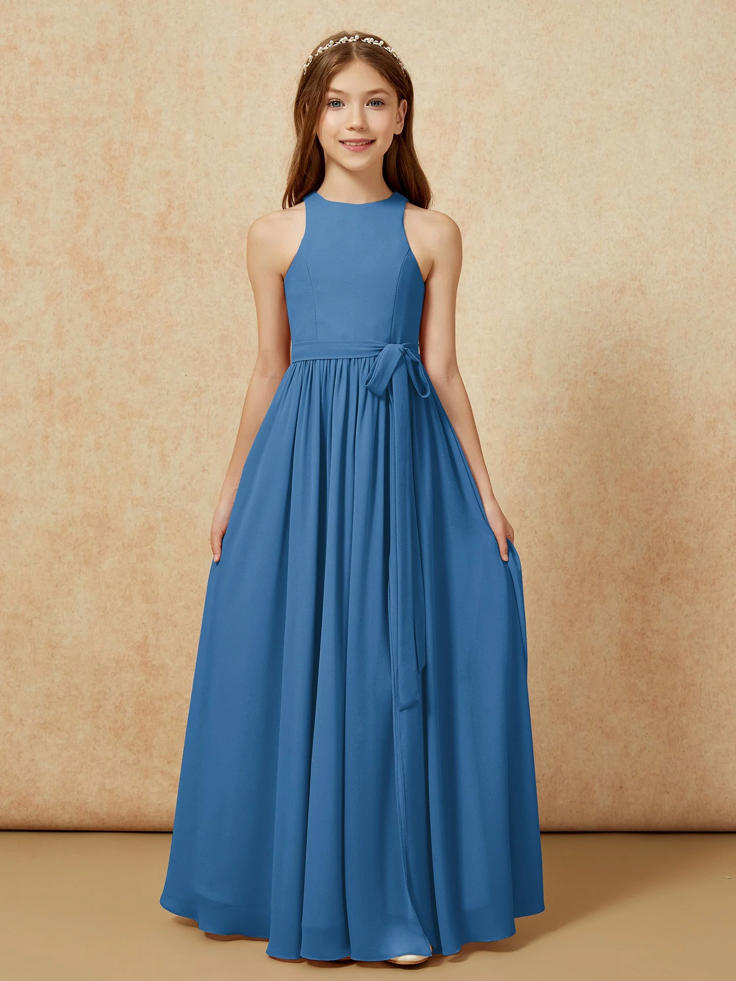 Einfach Ärmellos Chiffon Junge Brautjungfernkleider Tinte Blau - Image 8