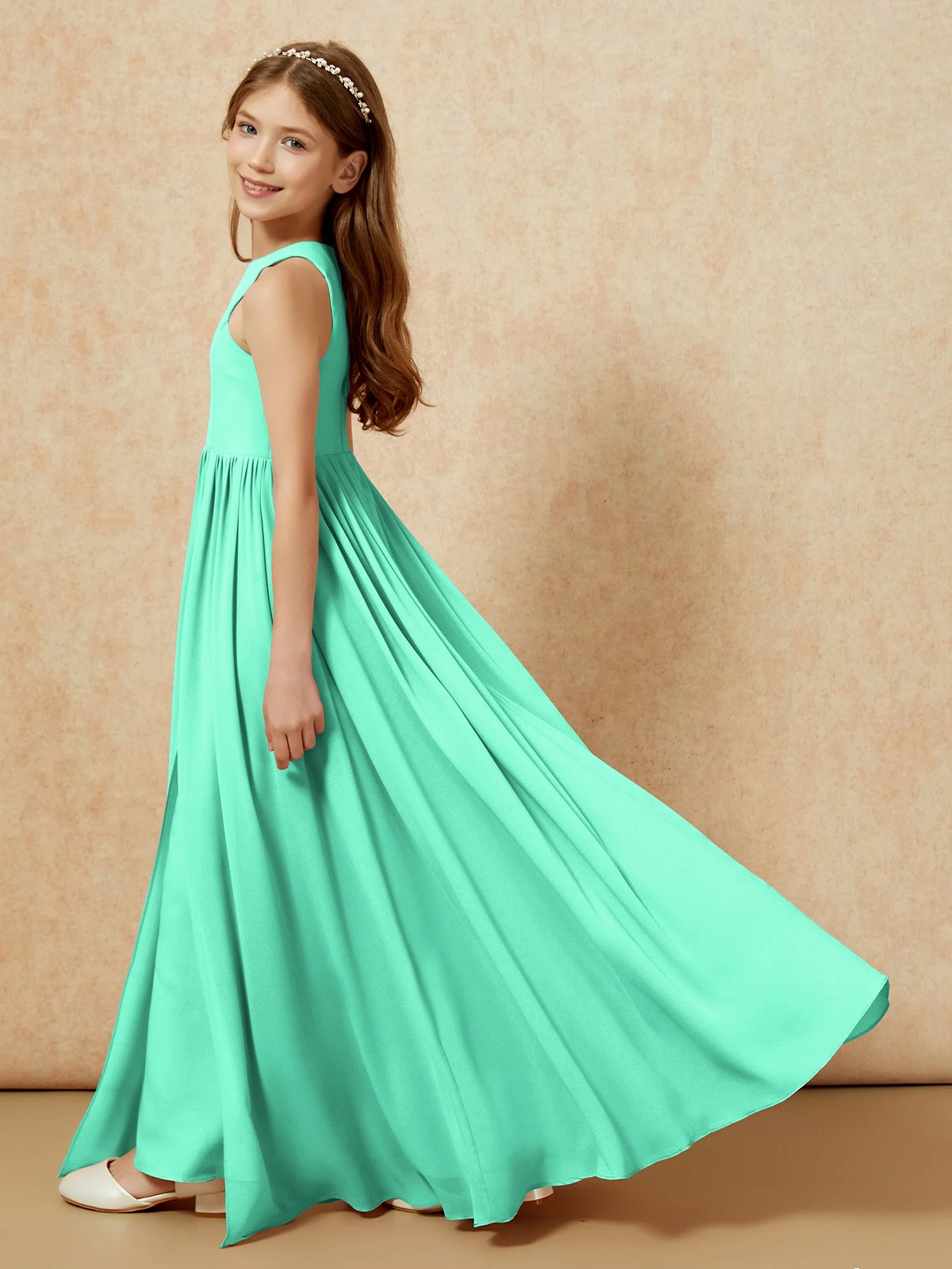 Einfach Ärmellos Chiffon Junge Brautjungfernkleider Türkis - Image 9