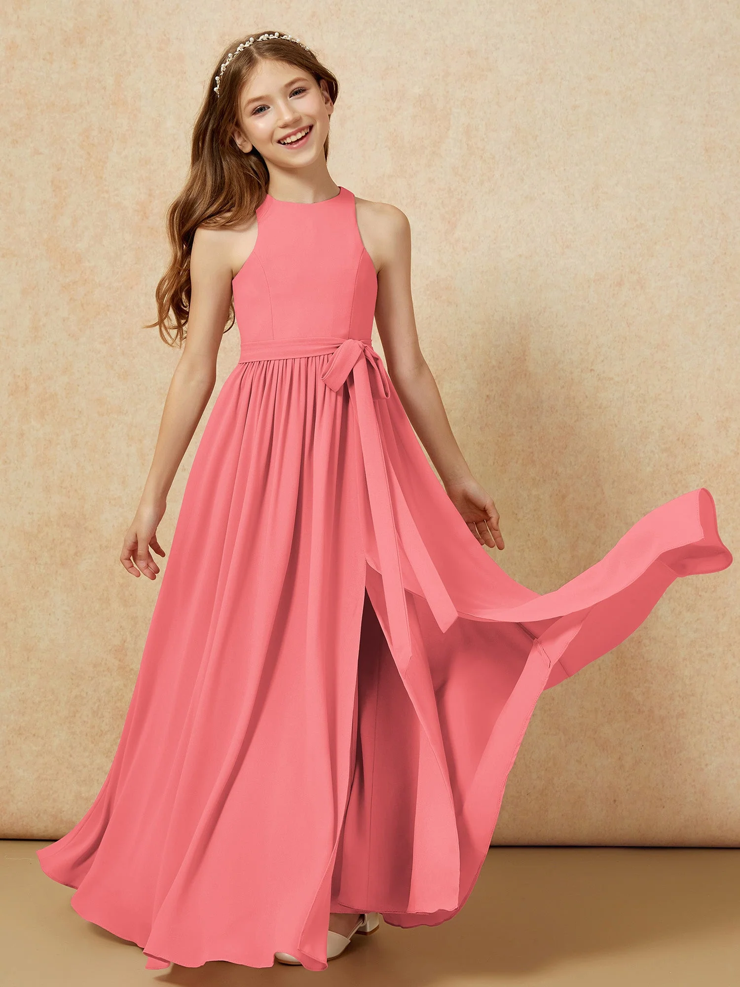 Einfach Ärmellos Chiffon Junge Brautjungfernkleider Wassermelone - Image 10