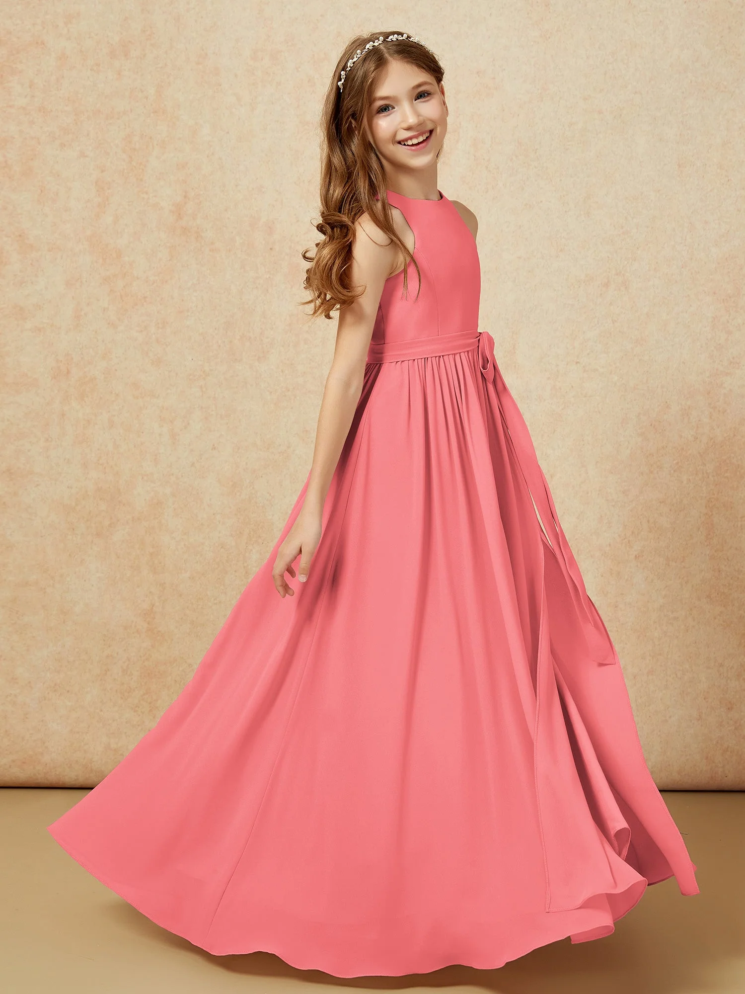 Einfach Ärmellos Chiffon Junge Brautjungfernkleider Wassermelone - Image 5