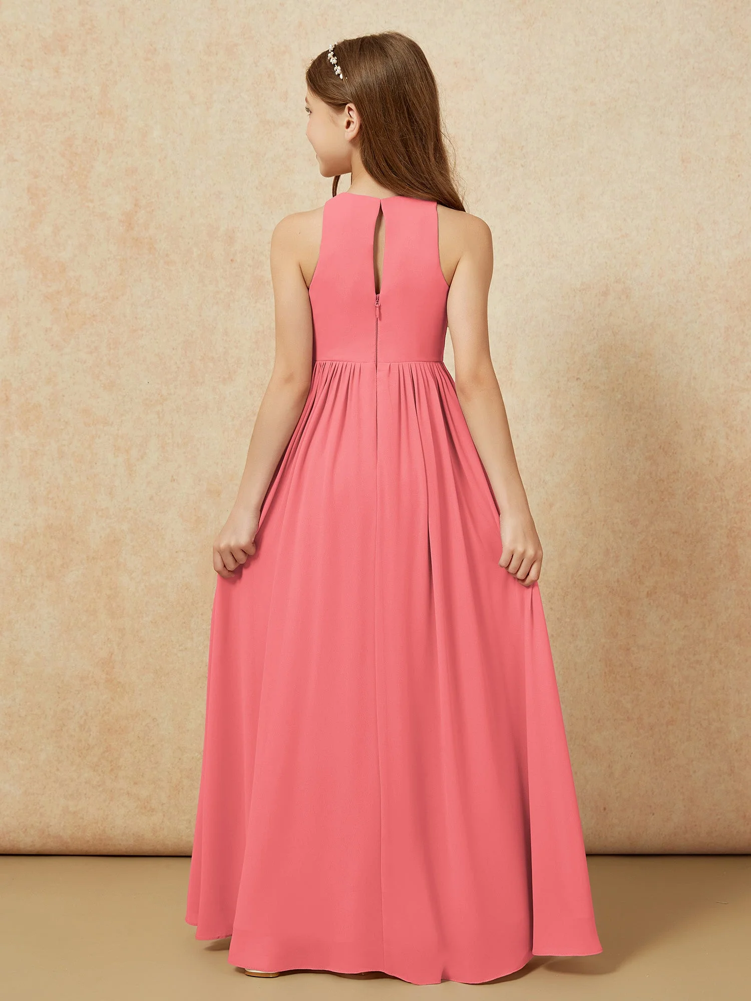 Einfach Ärmellos Chiffon Junge Brautjungfernkleider Wassermelone - Image 7