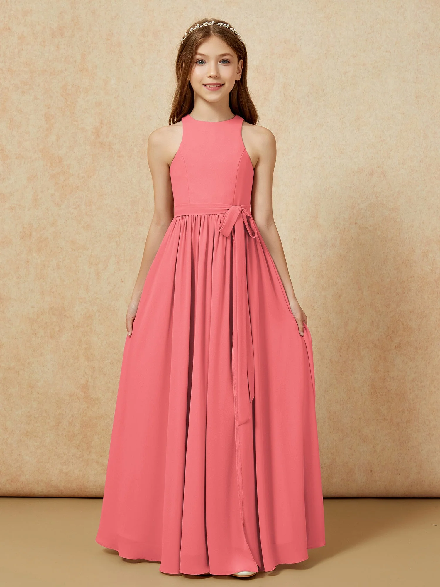 Einfach Ärmellos Chiffon Junge Brautjungfernkleider Wassermelone - Image 8