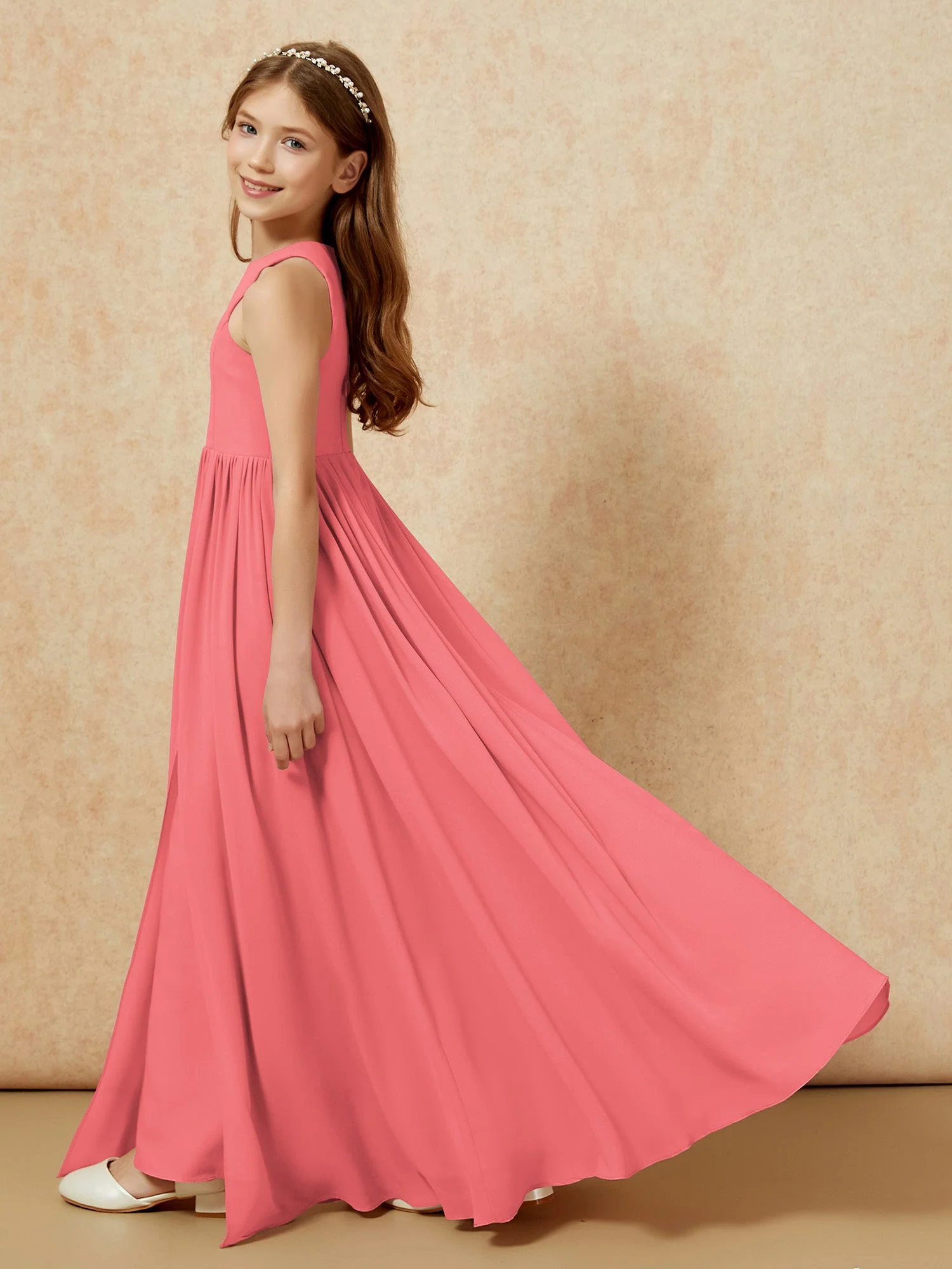 Einfach Ärmellos Chiffon Junge Brautjungfernkleider Wassermelone - Image 9