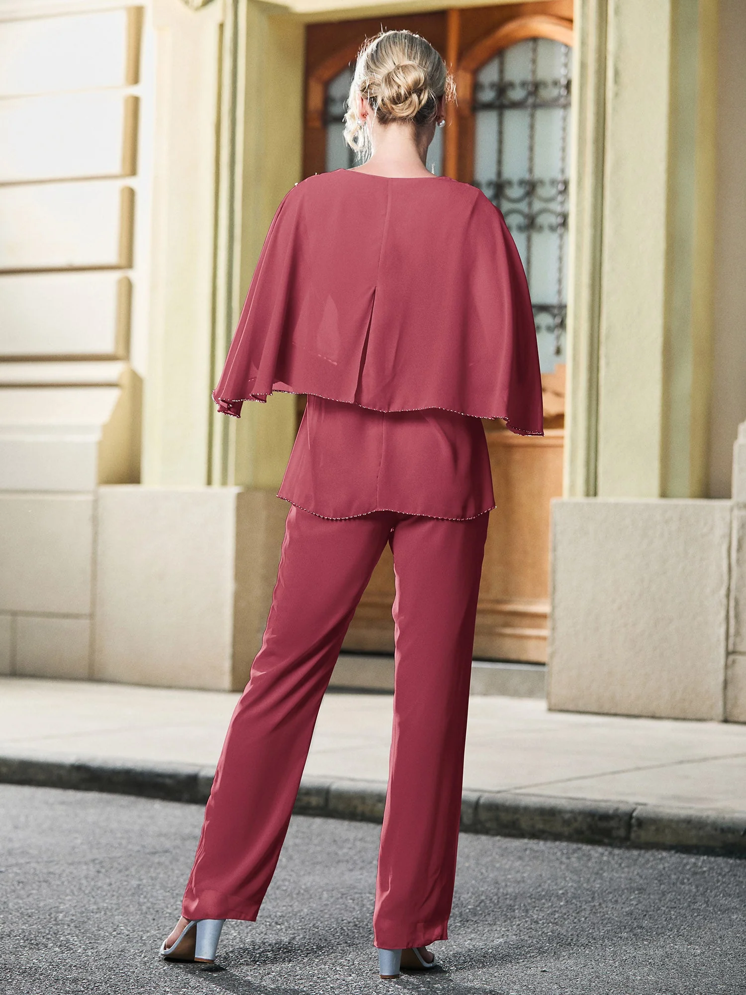Einfach Ärmellos Chiffon Oberteil und Hose Zweiteiliges Set Zimtrose - Image 2