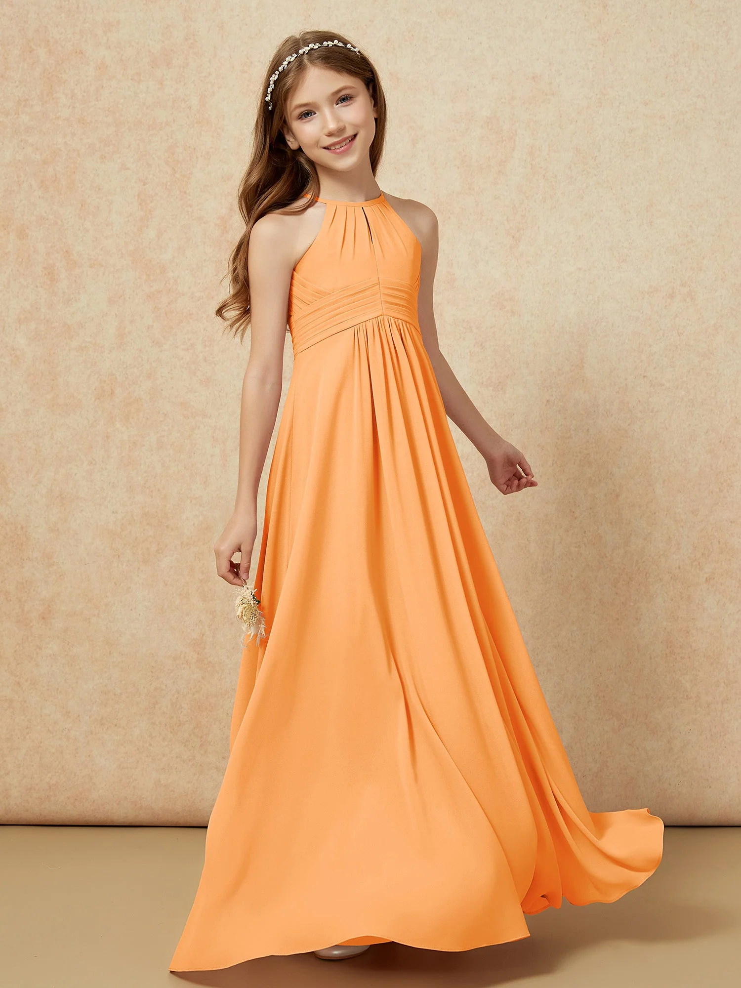 Einfach Ärmellos Empire Lang Junge Brautjungfernkleider Orange - Image 3