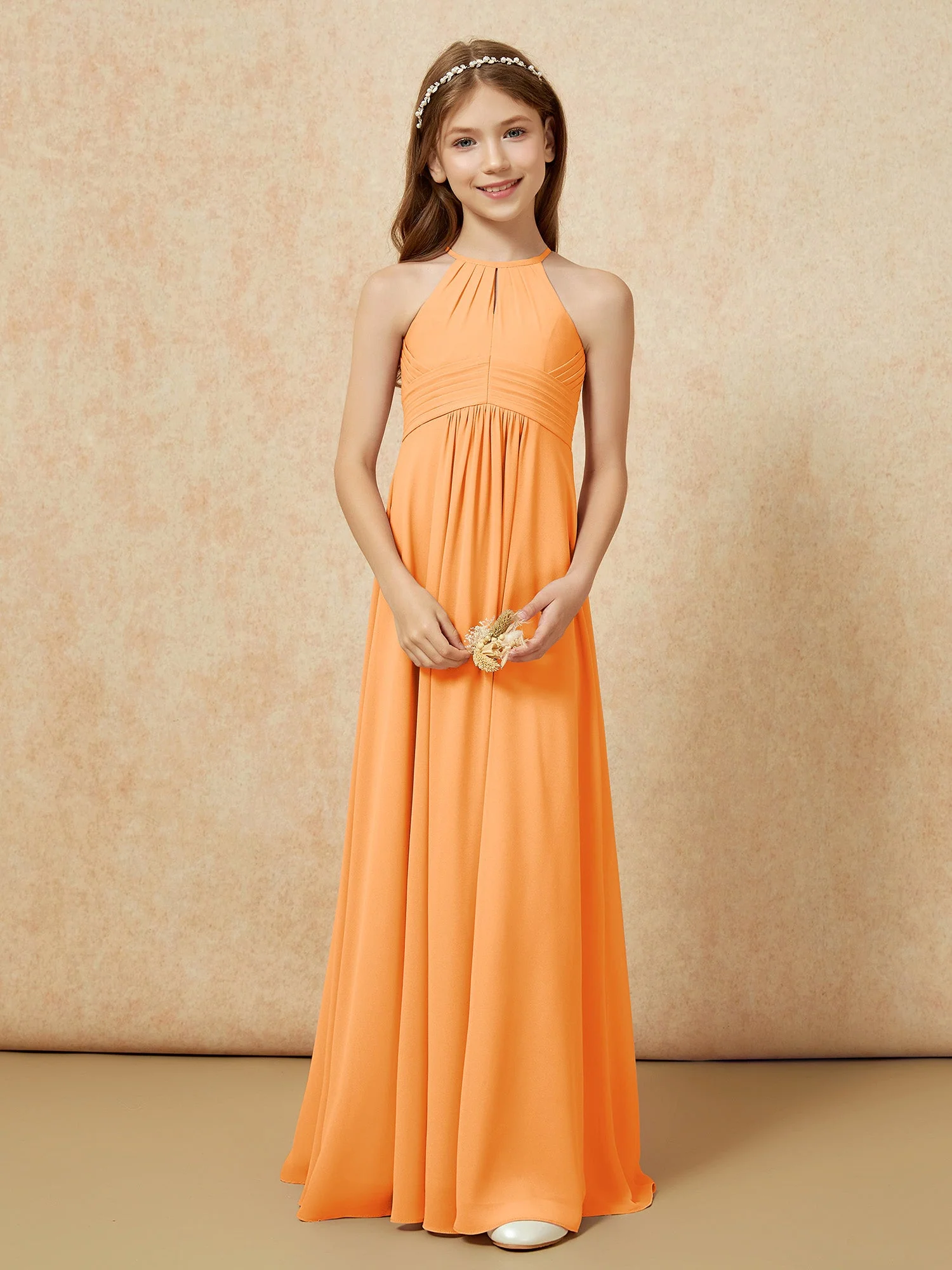 Einfach Ärmellos Empire Lang Junge Brautjungfernkleider Orange - Image 5