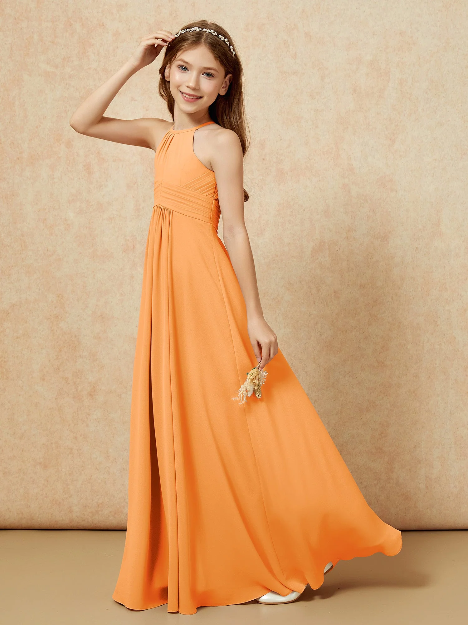 Einfach Ärmellos Empire Lang Junge Brautjungfernkleider Orange - Image 6