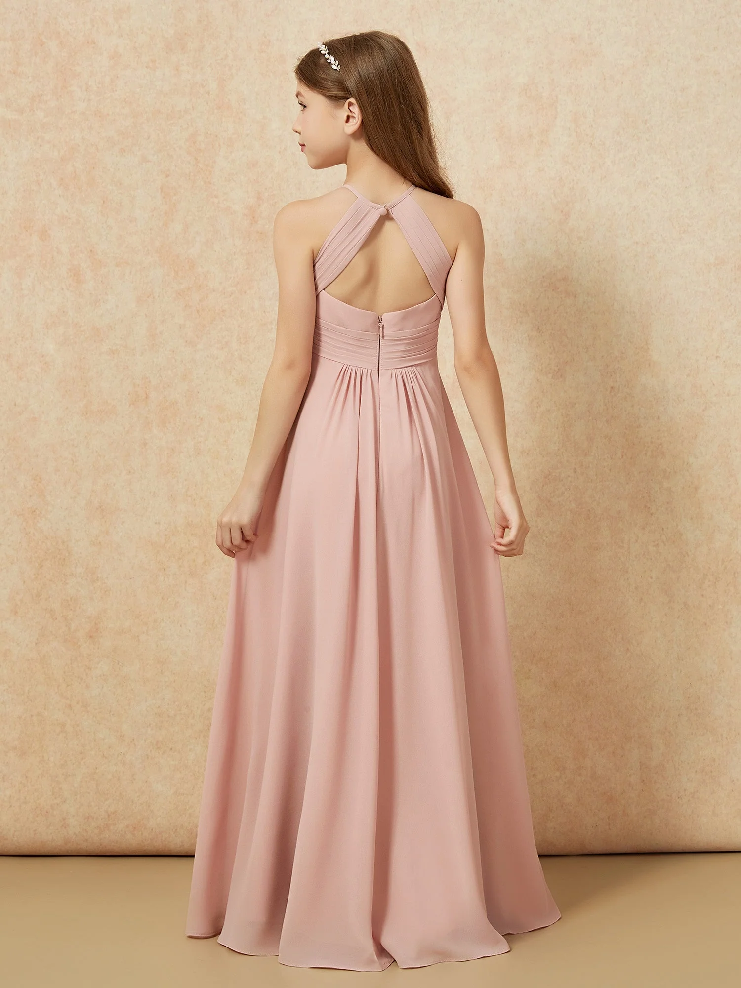 Einfach Ärmellos Empire Lang Junge Brautjungfernkleider Staubige Rosa - Image 2