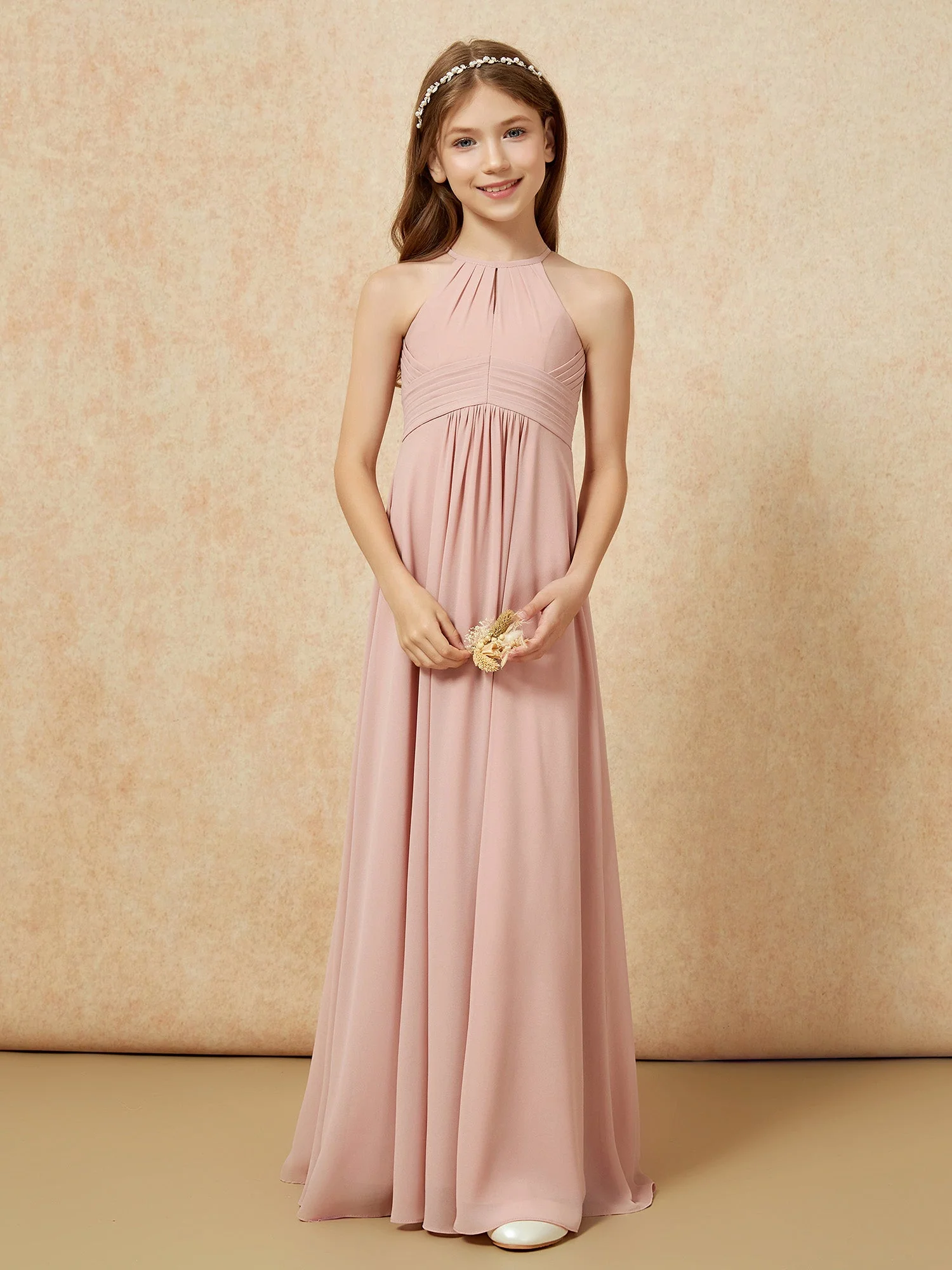 Einfach Ärmellos Empire Lang Junge Brautjungfernkleider Staubige Rosa - Image 5