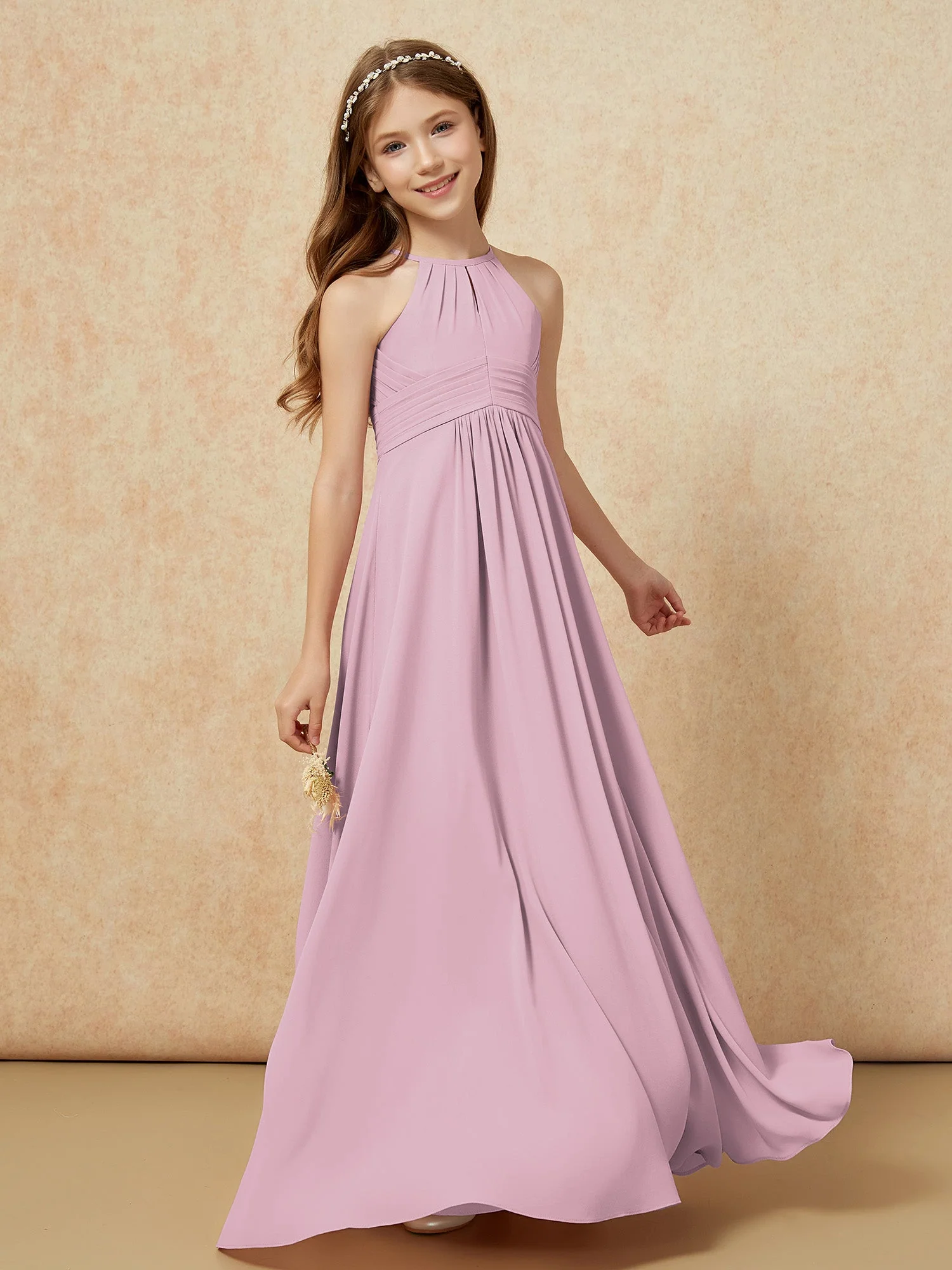 Einfach Ärmellos Empire Lang Junge Brautjungfernkleider Vintage Mauve - Image 3