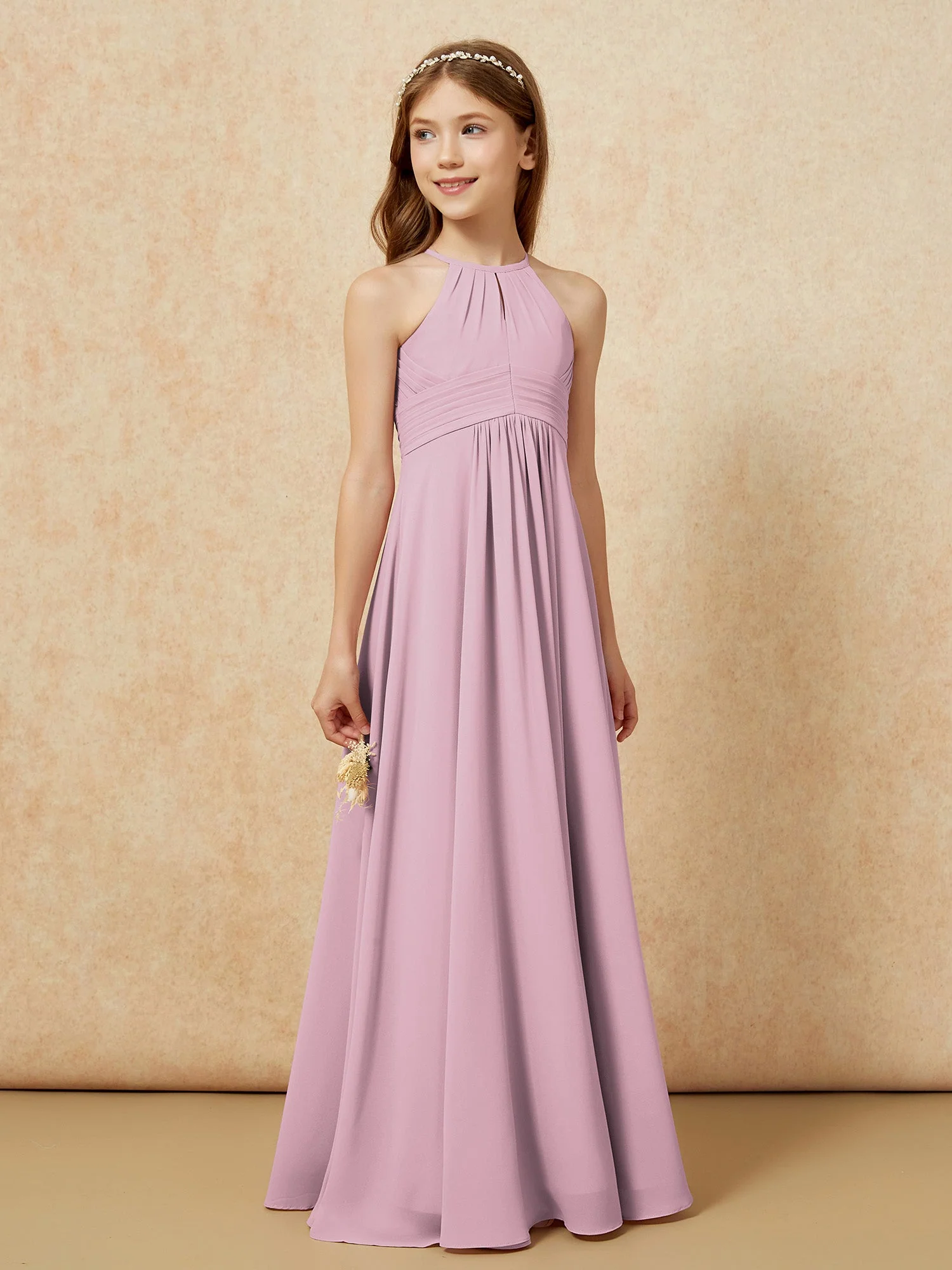 Einfach Ärmellos Empire Lang Junge Brautjungfernkleider Vintage Mauve - Image 4
