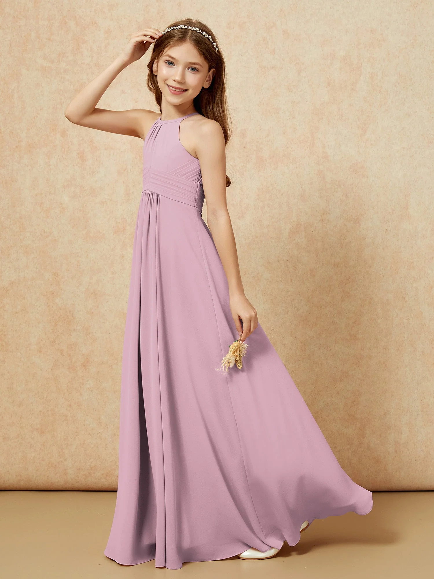 Einfach Ärmellos Empire Lang Junge Brautjungfernkleider Vintage Mauve - Image 6