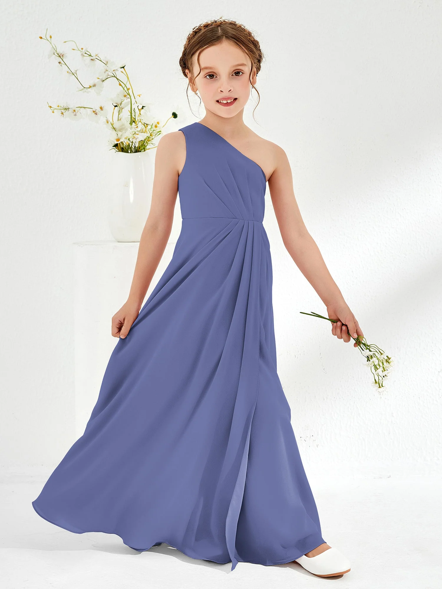 Einfach Eine Schulter Chiffon Junge Brautjungfernkleider Periwinkleblau