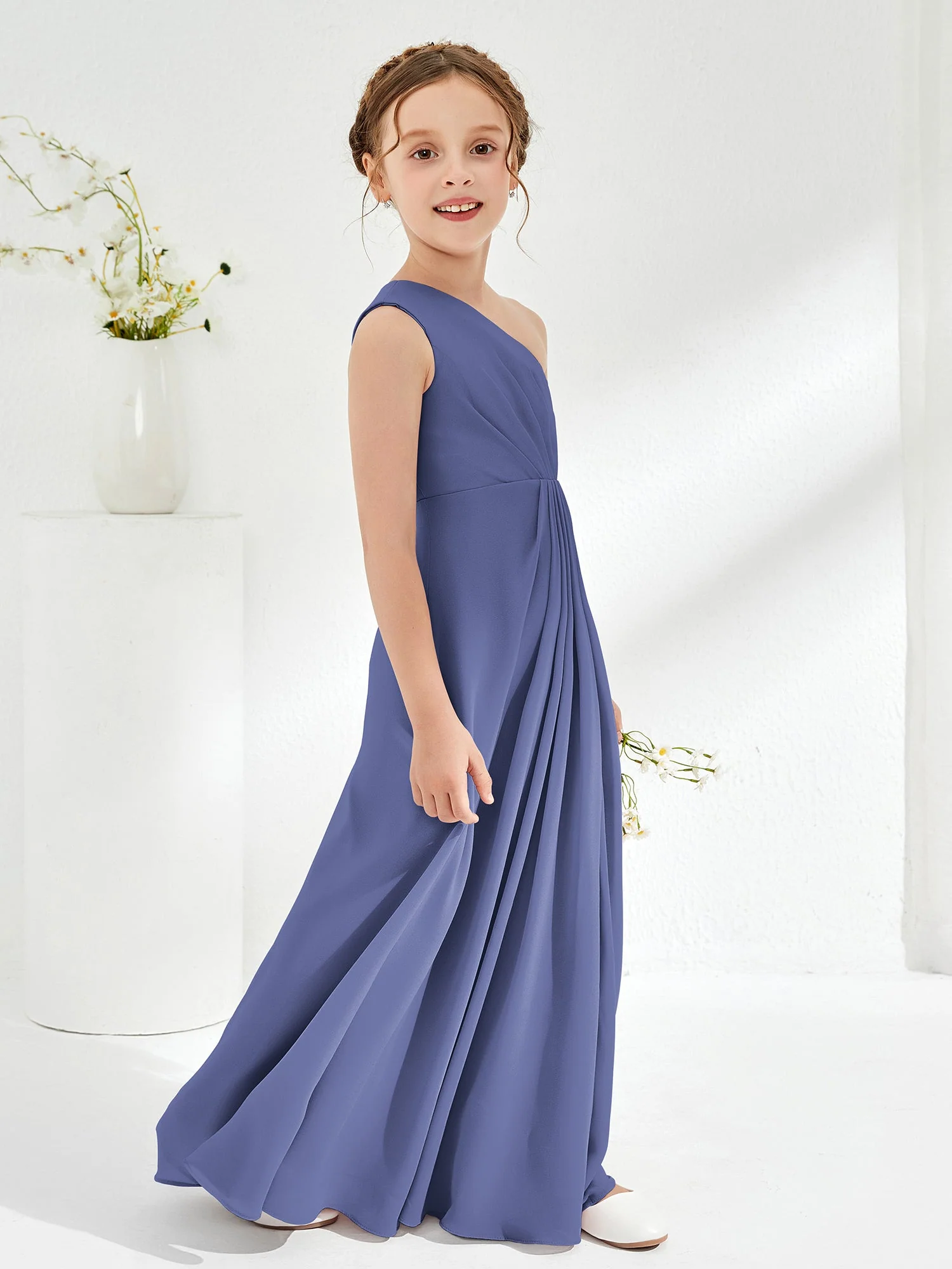 Einfach Eine Schulter Chiffon Junge Brautjungfernkleider Periwinkleblau - Image 3