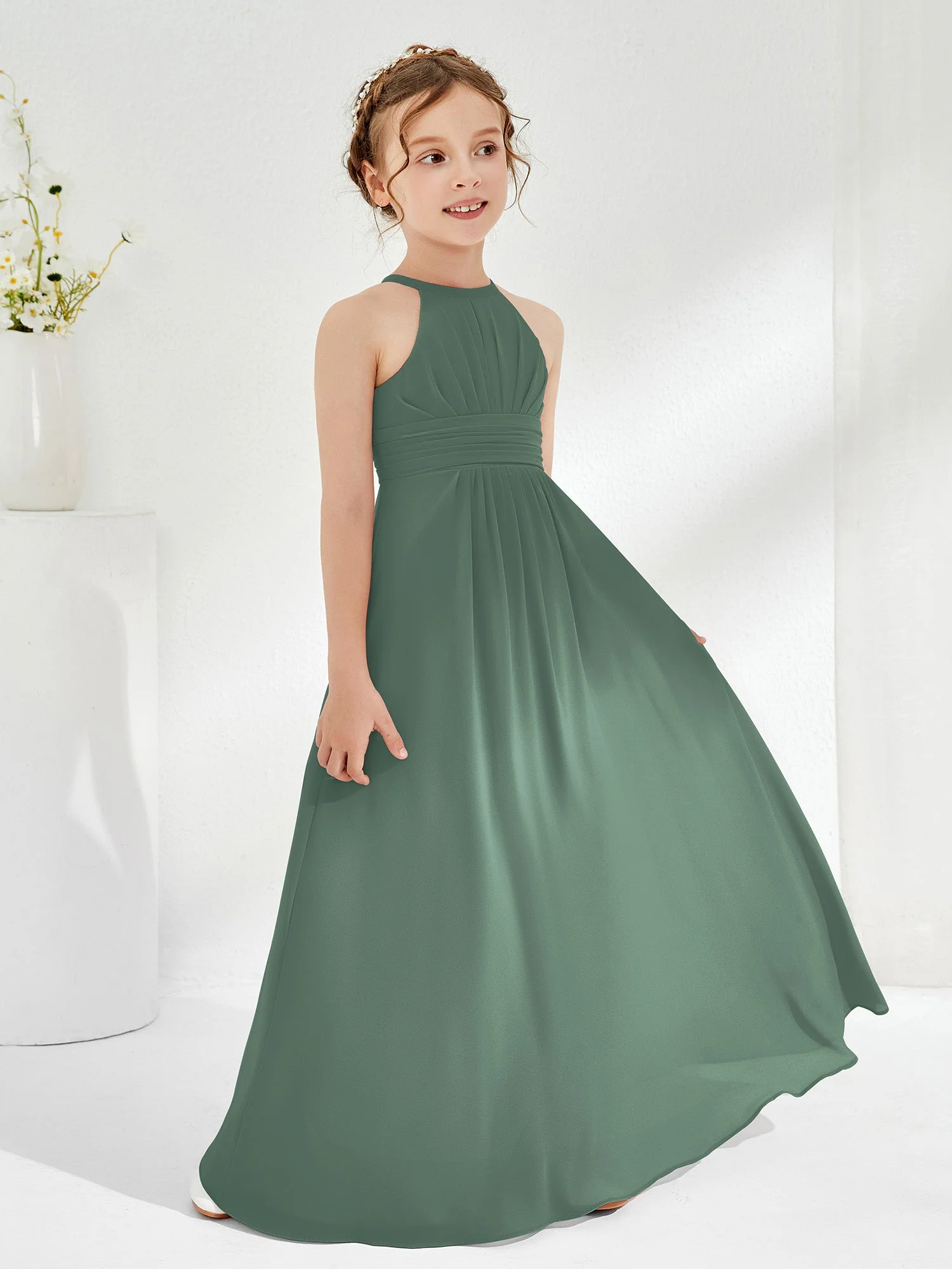 Einfach Halshalter A-Linie Chiffon Junge Brautjungfernkleider Eukalyptus - Image 3