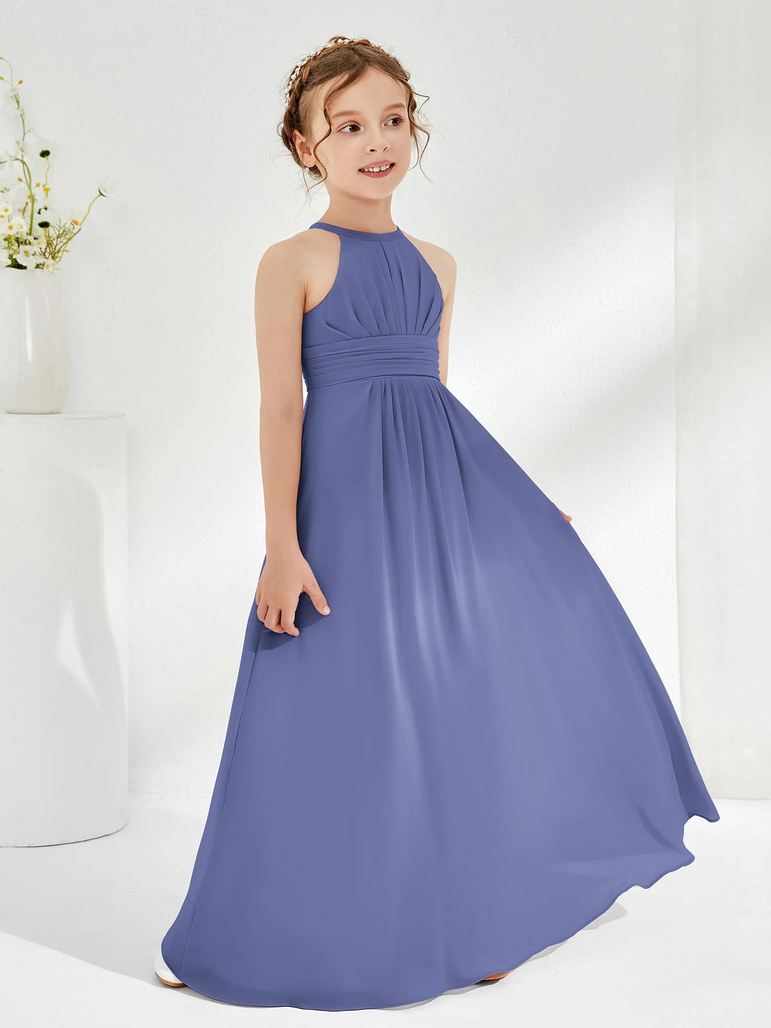 Einfach Halshalter A-Linie Chiffon Junge Brautjungfernkleider Periwinkleblau - Image 3