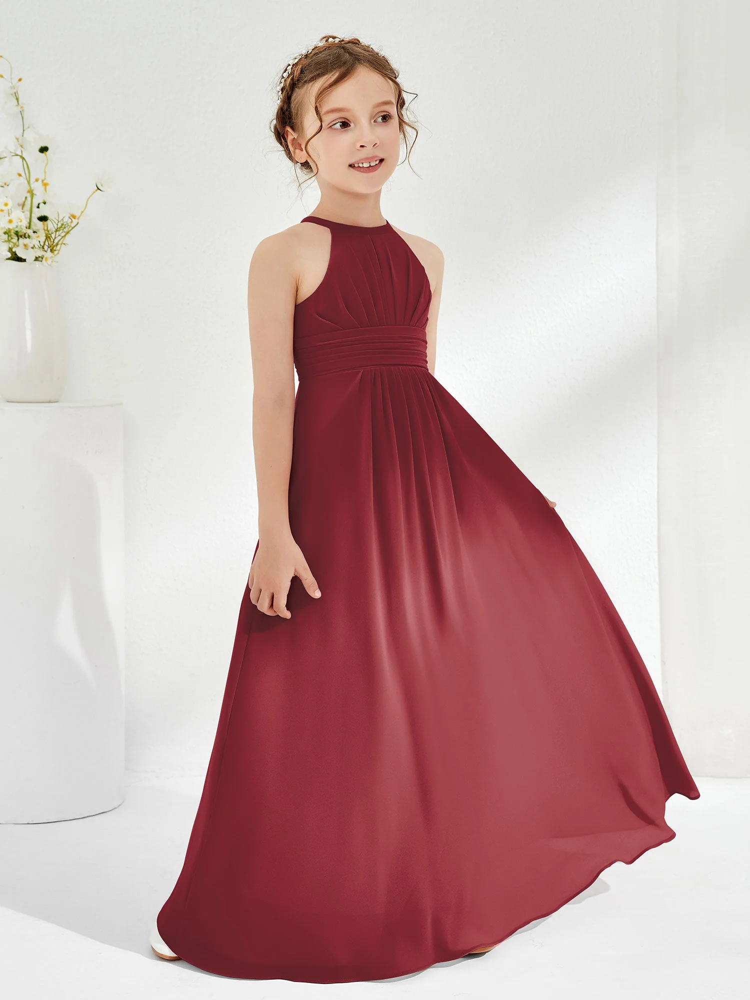 Einfach Halshalter A-Linie Chiffon Junge Brautjungfernkleider Zimtrose - Image 3
