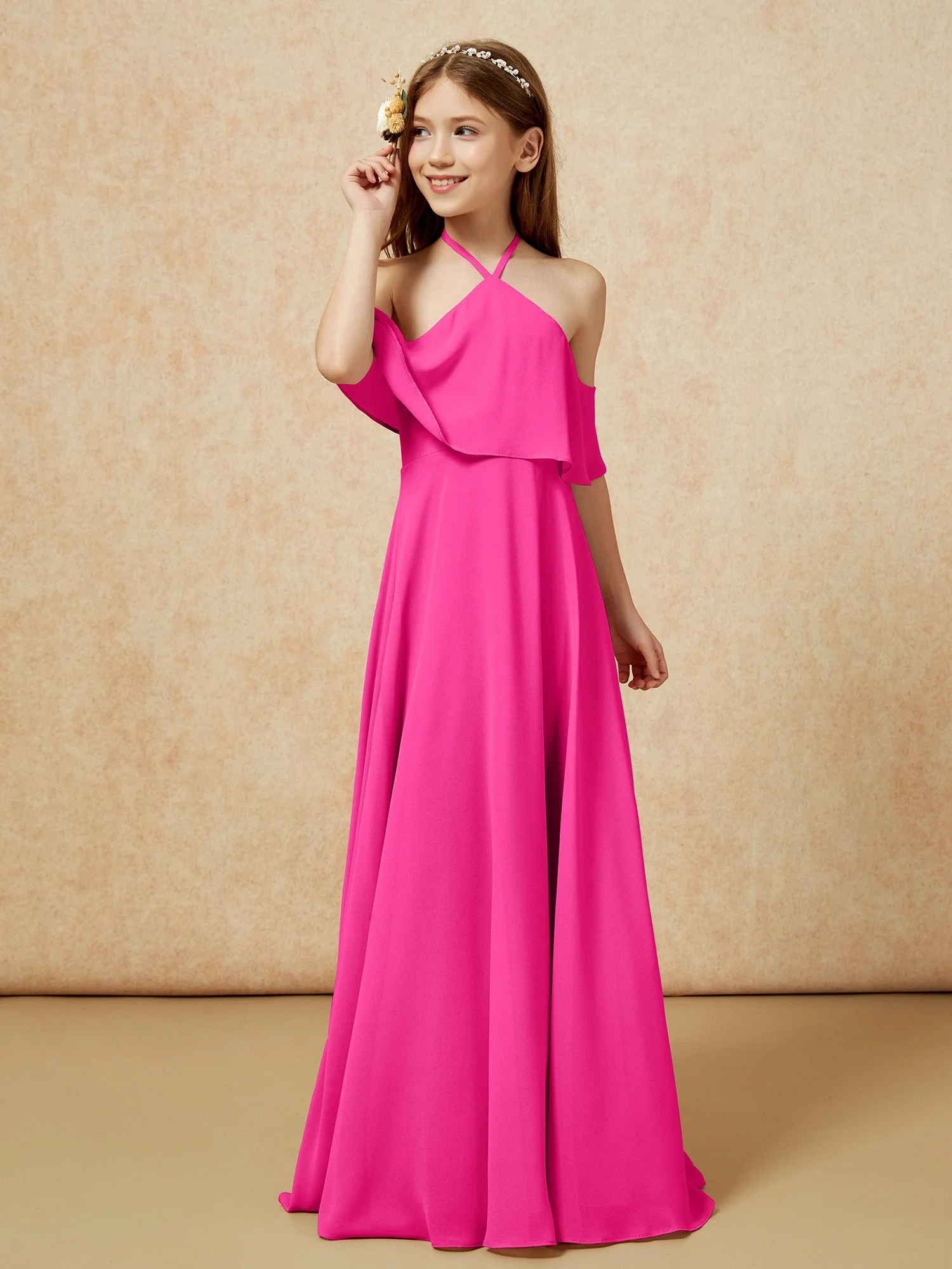 Einfach Halshalter Bodenlang Junge Brautjungfernkleider Fuchsia