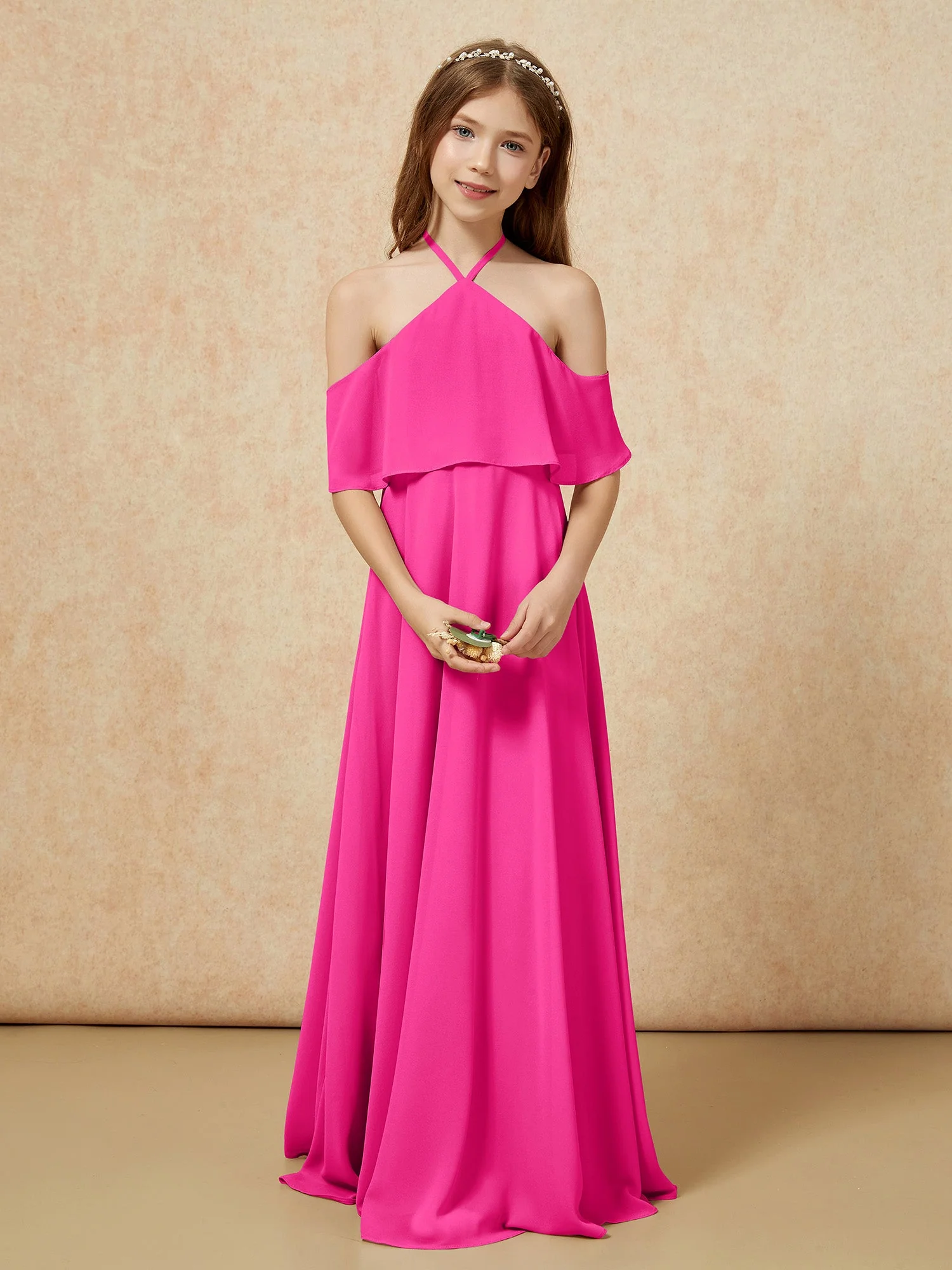Einfach Halshalter Bodenlang Junge Brautjungfernkleider Fuchsia - Image 4