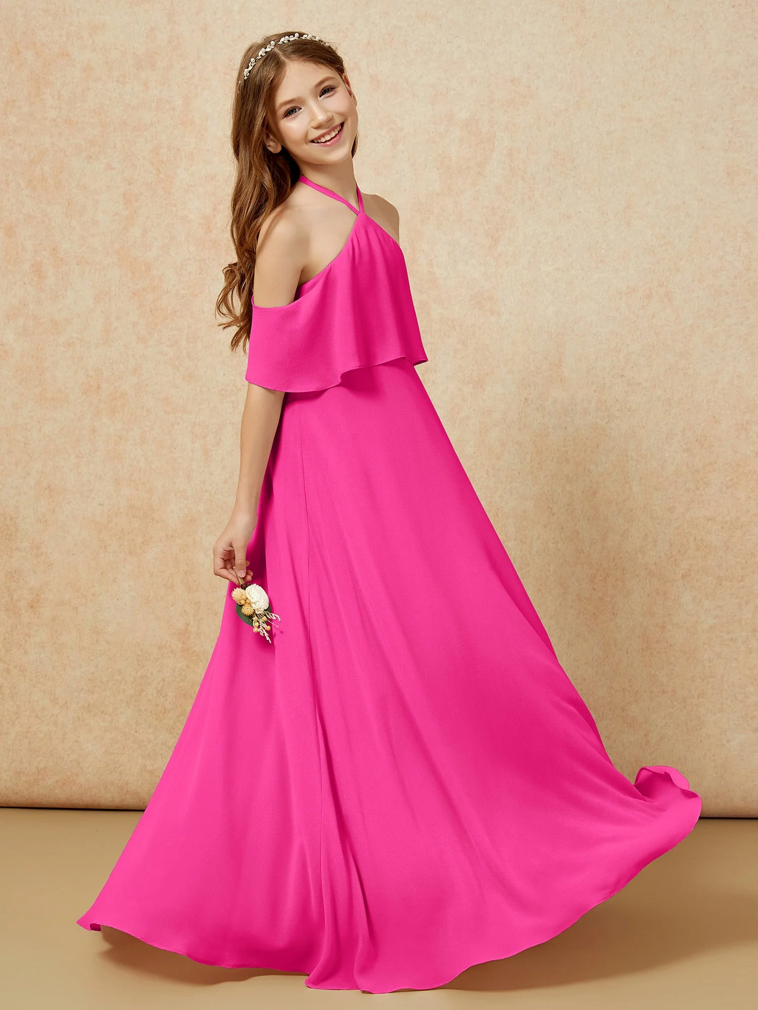 Einfach Halshalter Bodenlang Junge Brautjungfernkleider Fuchsia - Image 5