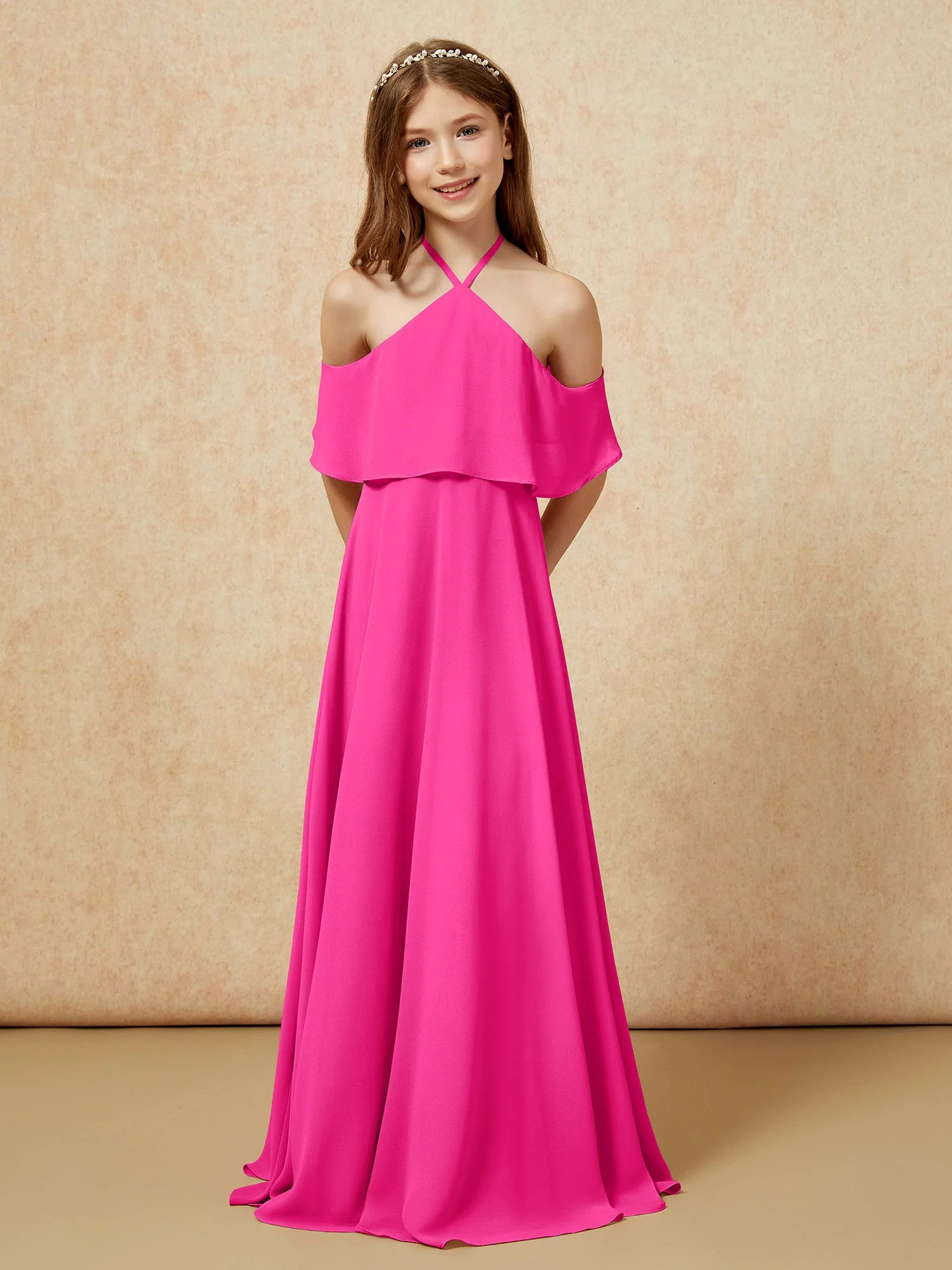 Einfach Halshalter Bodenlang Junge Brautjungfernkleider Fuchsia - Image 6