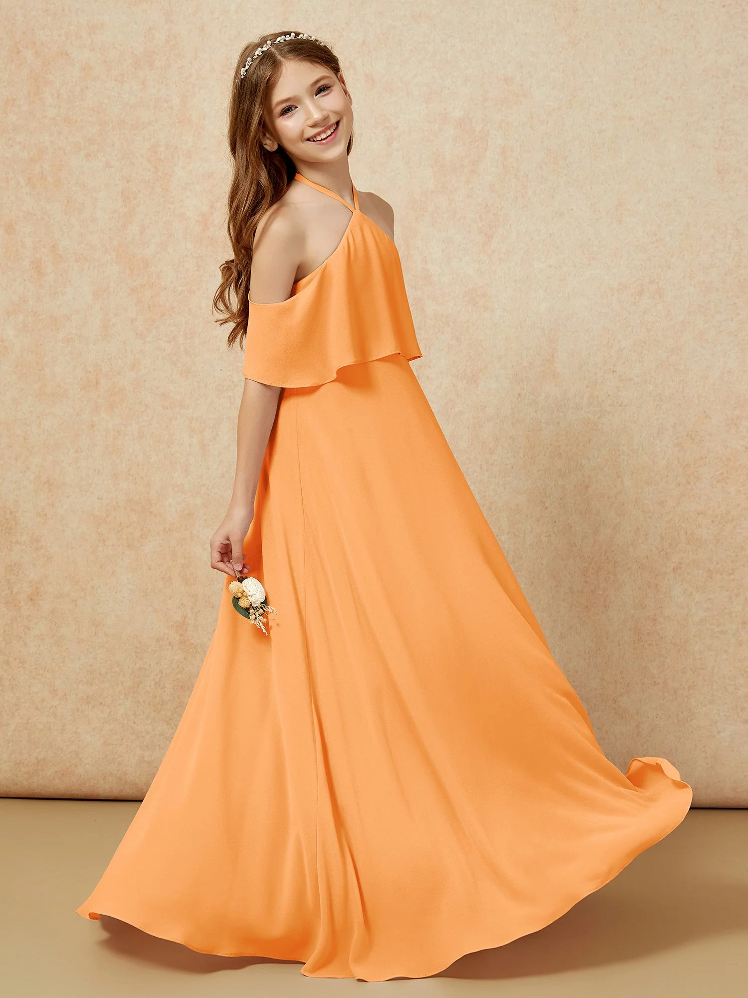 Einfach Halshalter Bodenlang Junge Brautjungfernkleider Orange - Image 5