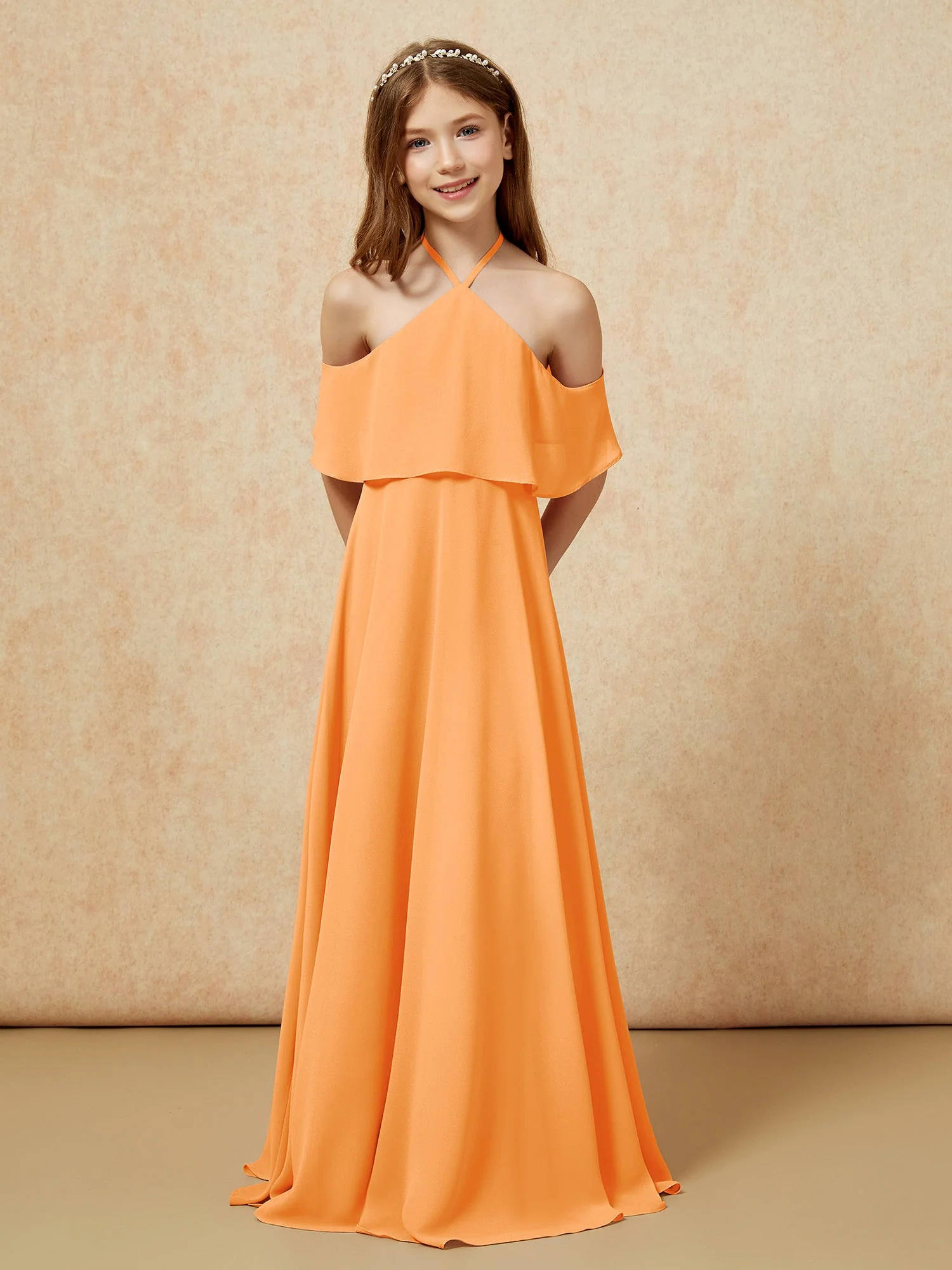 Einfach Halshalter Bodenlang Junge Brautjungfernkleider Orange - Image 6