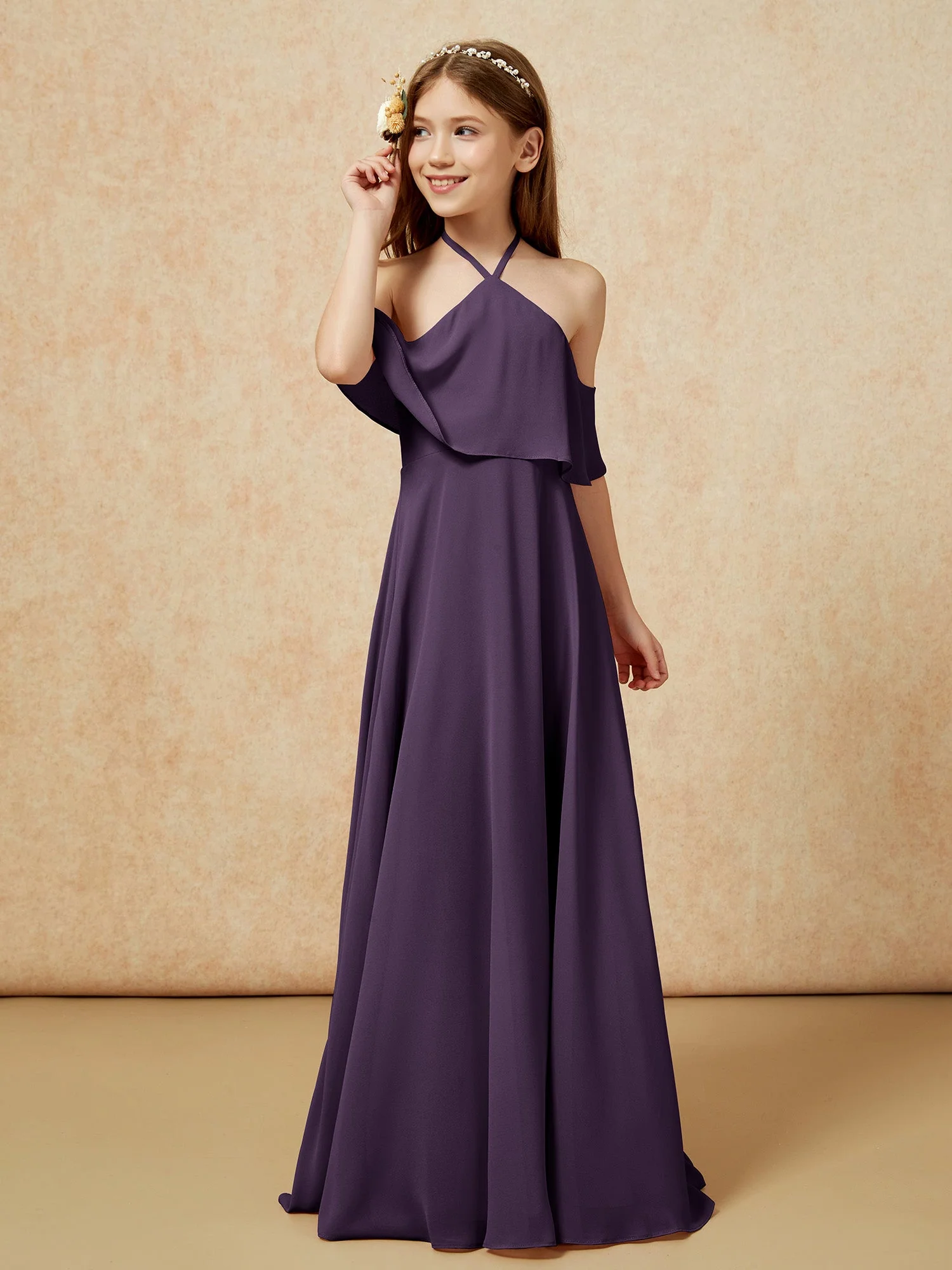 Einfach Halshalter Bodenlang Junge Brautjungfernkleider Plum