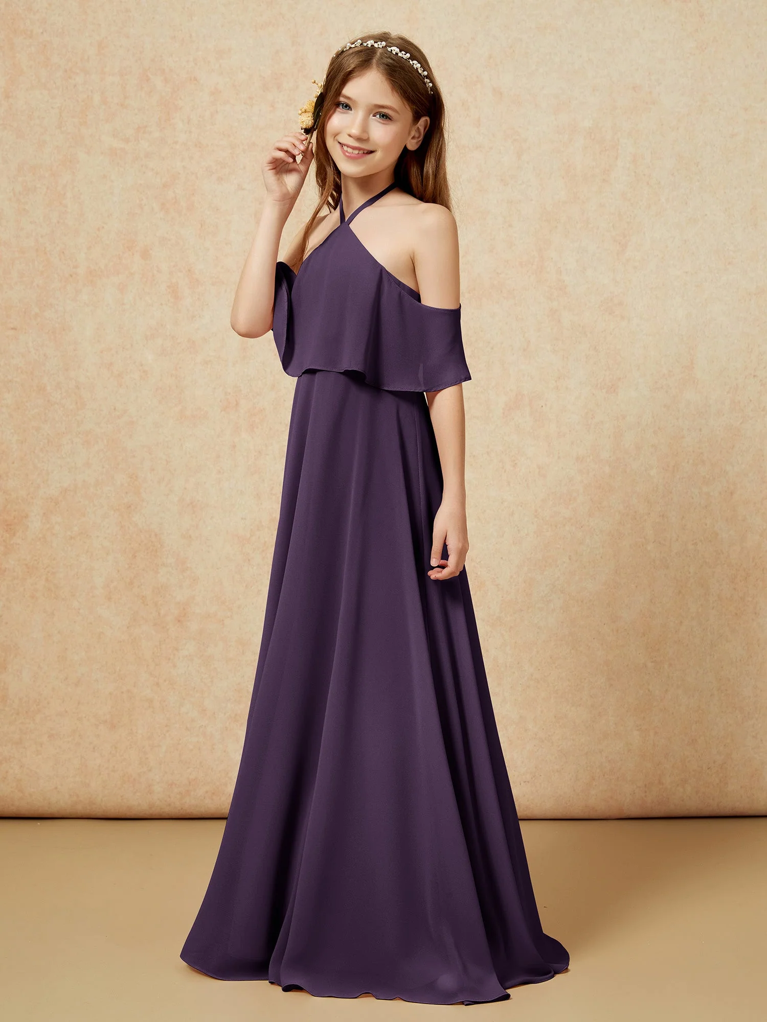 Einfach Halshalter Bodenlang Junge Brautjungfernkleider Plum - Image 3