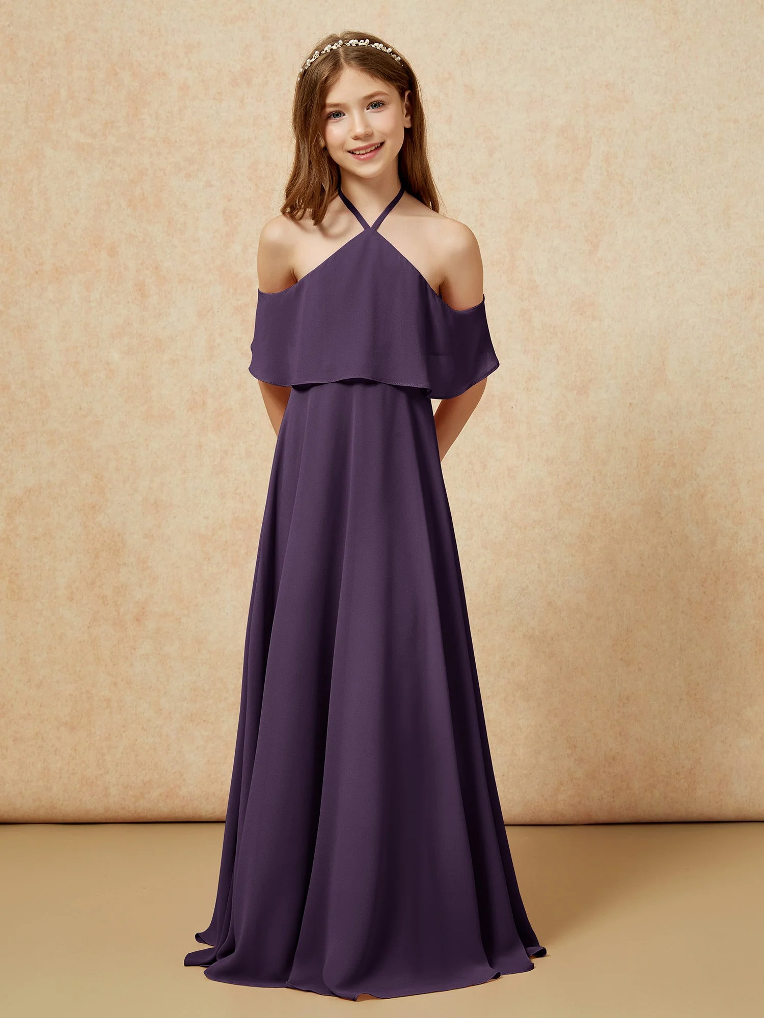 Einfach Halshalter Bodenlang Junge Brautjungfernkleider Plum - Image 6