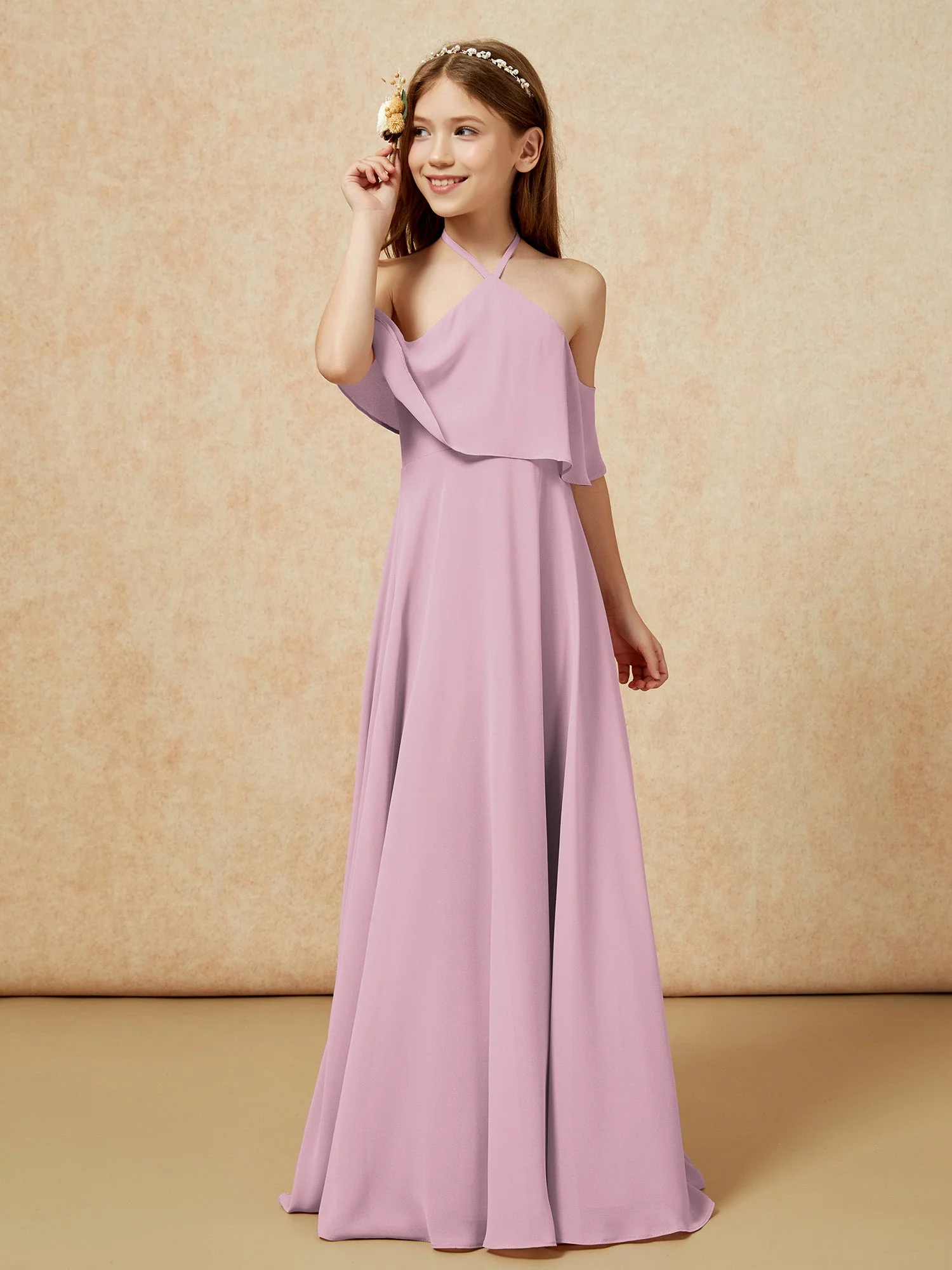 Einfach Halshalter Bodenlang Junge Brautjungfernkleider Vintage Mauve