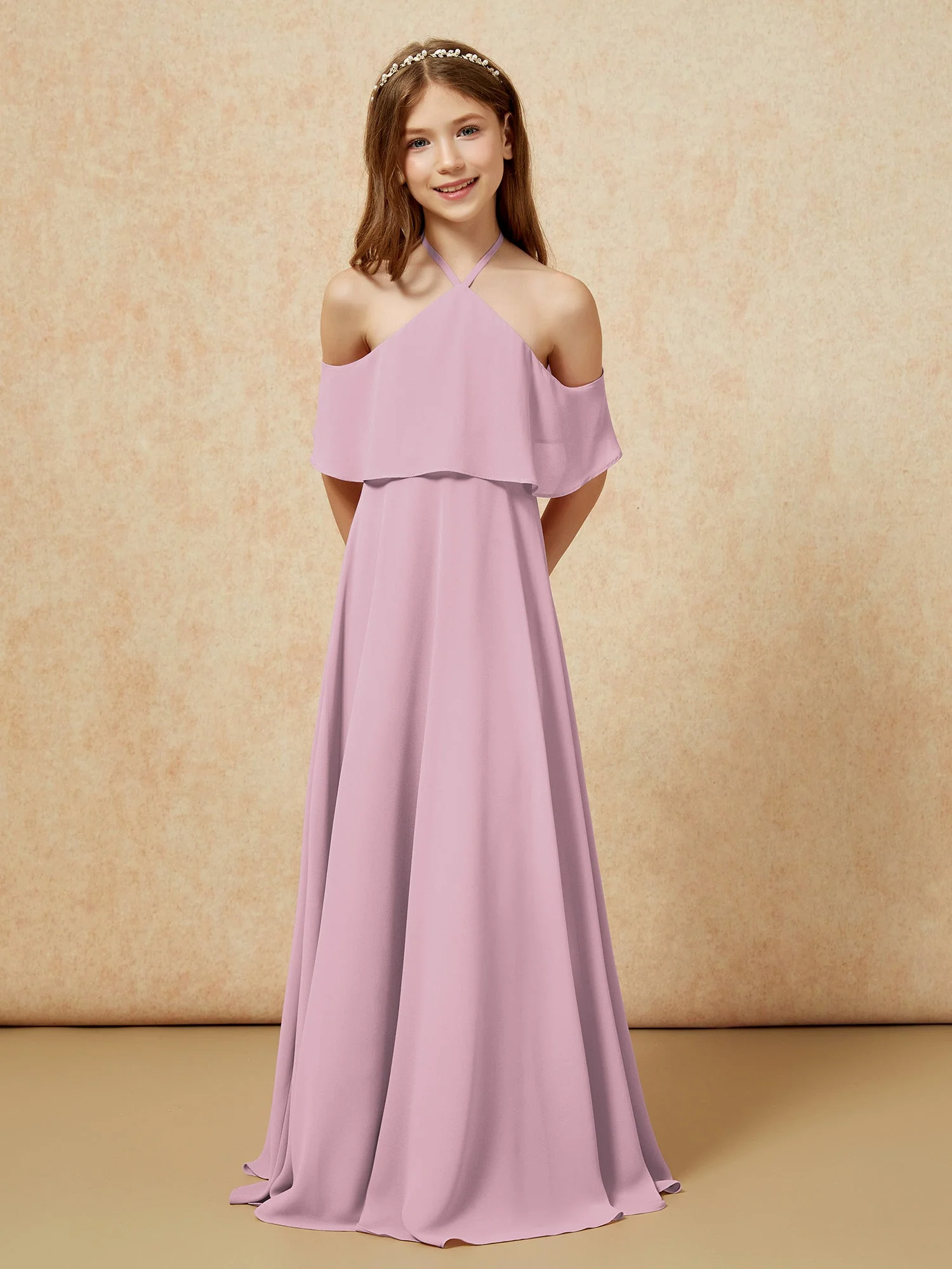 Einfach Halshalter Bodenlang Junge Brautjungfernkleider Vintage Mauve - Image 6