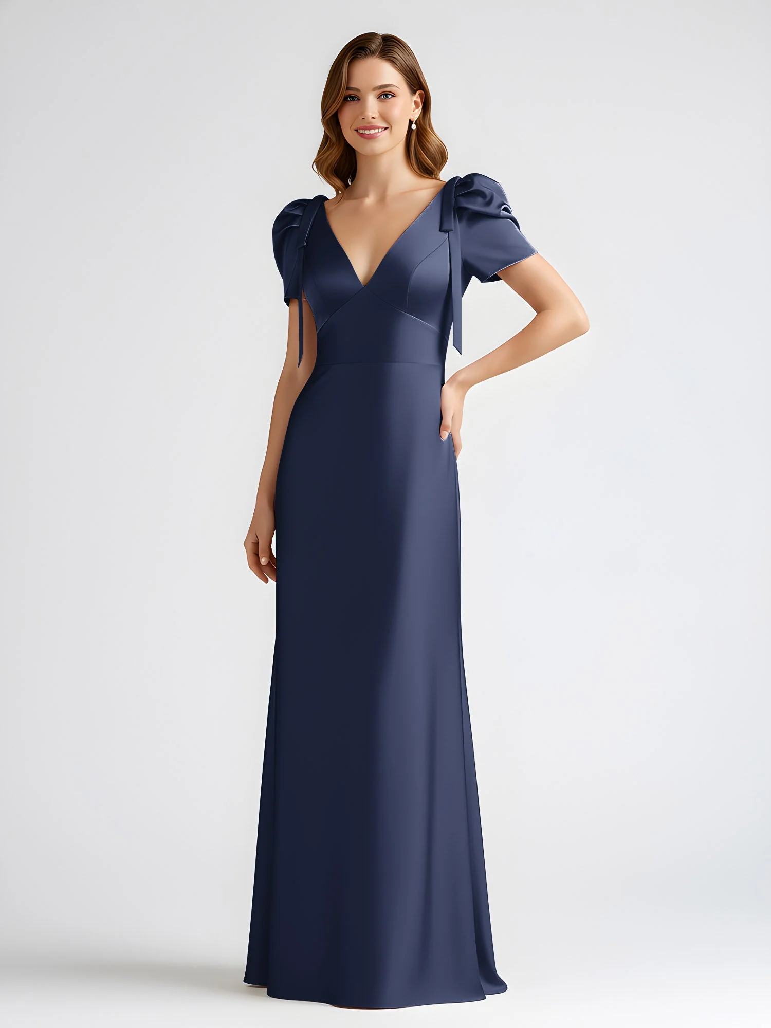Schleife Detail Kurzarm Satin Säule Maxi Kleid Dunkelmarine - Image 3