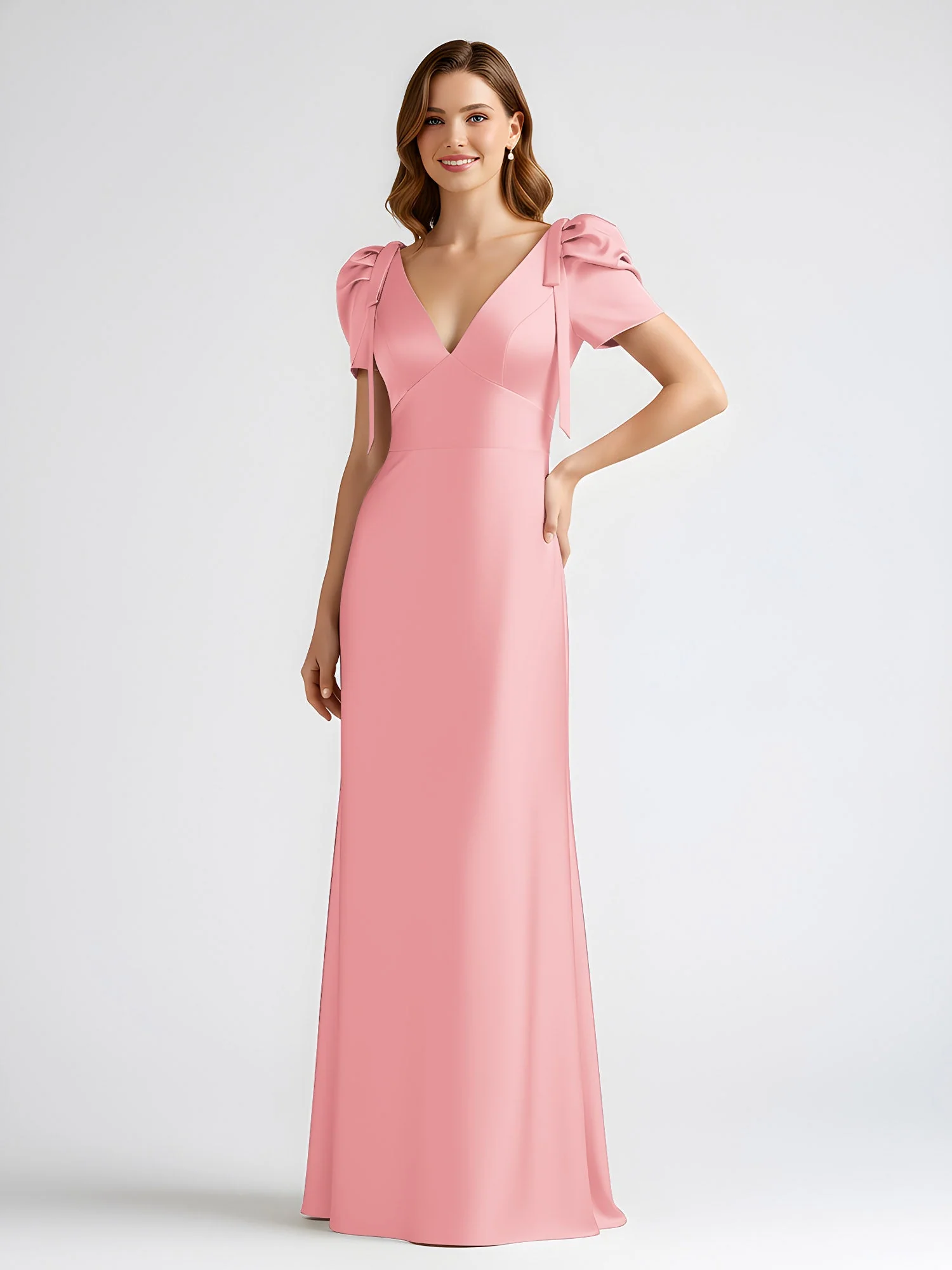 Schleife Detail Kurzarm Satin Säule Maxi Kleid Flamingo - Image 3