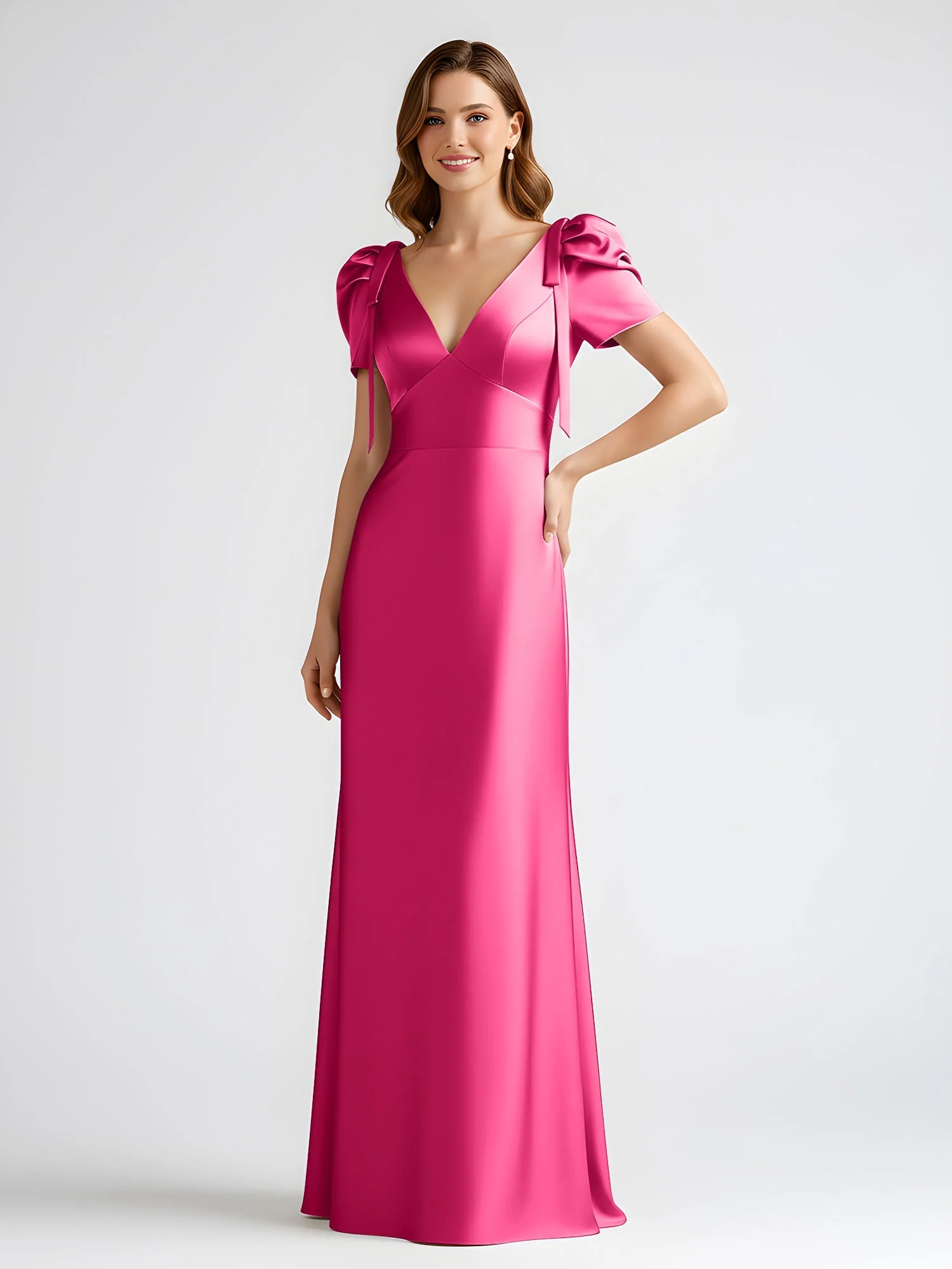 Schleife Detail Kurzarm Satin Säule Maxi Kleid Fuchsia - Image 3