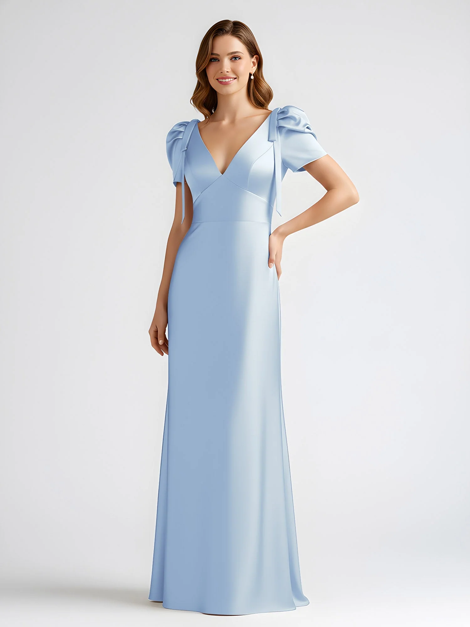Schleife Detail Kurzarm Satin Säule Maxi Kleid Himmelblau - Image 3