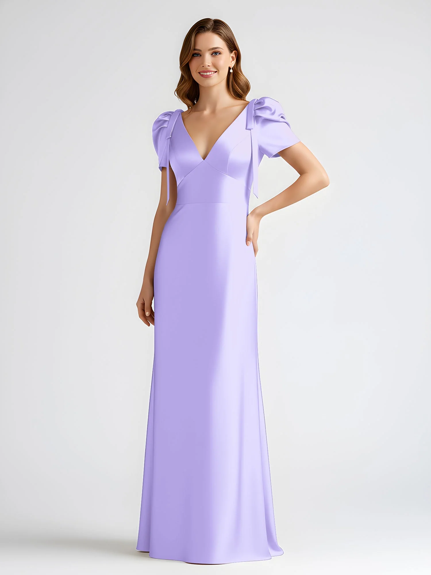 Schleife Detail Kurzarm Satin Säule Maxi Kleid Lila - Image 3