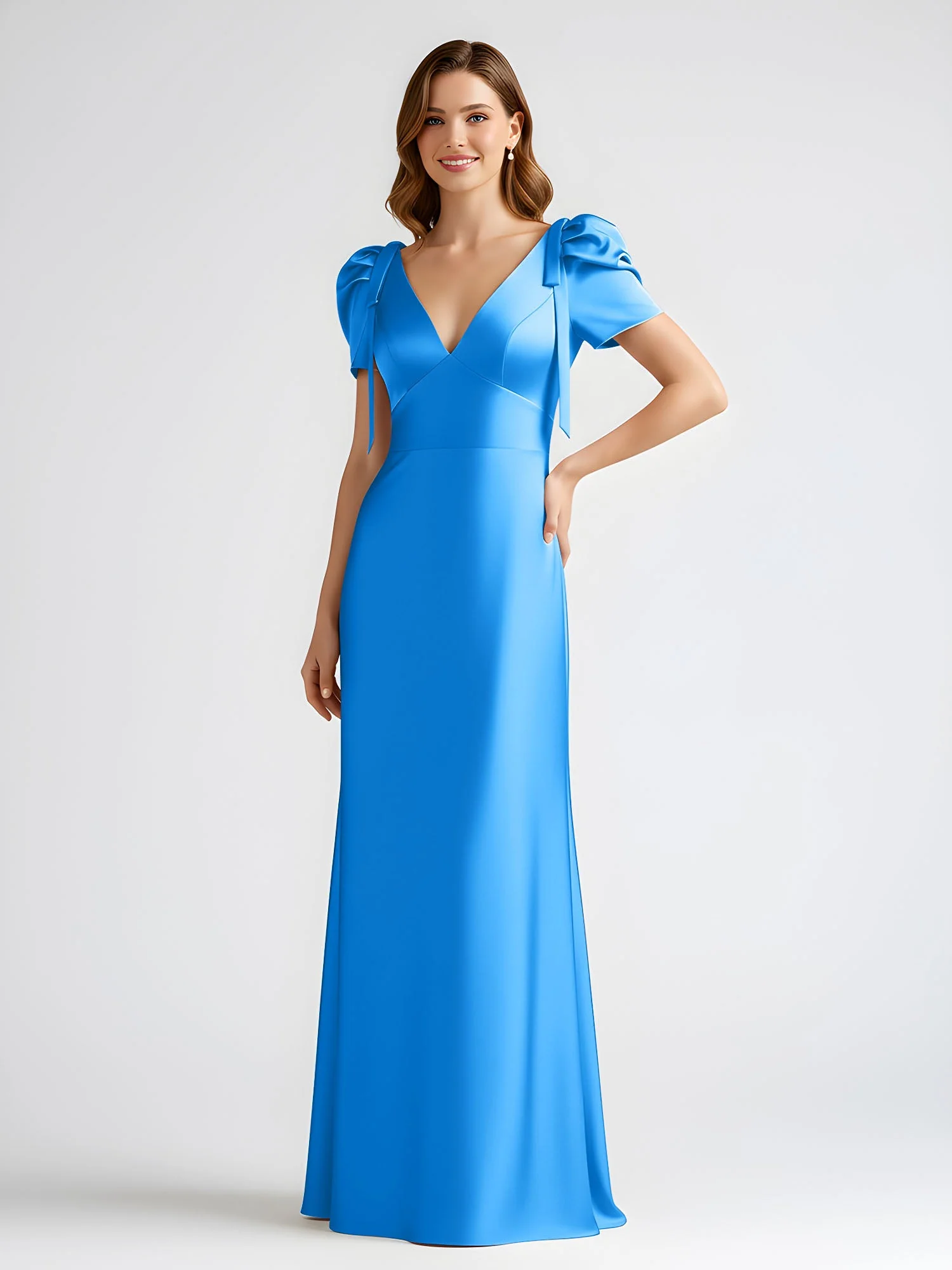 Schleife Detail Kurzarm Satin Säule Maxi Kleid Meerblau - Image 3