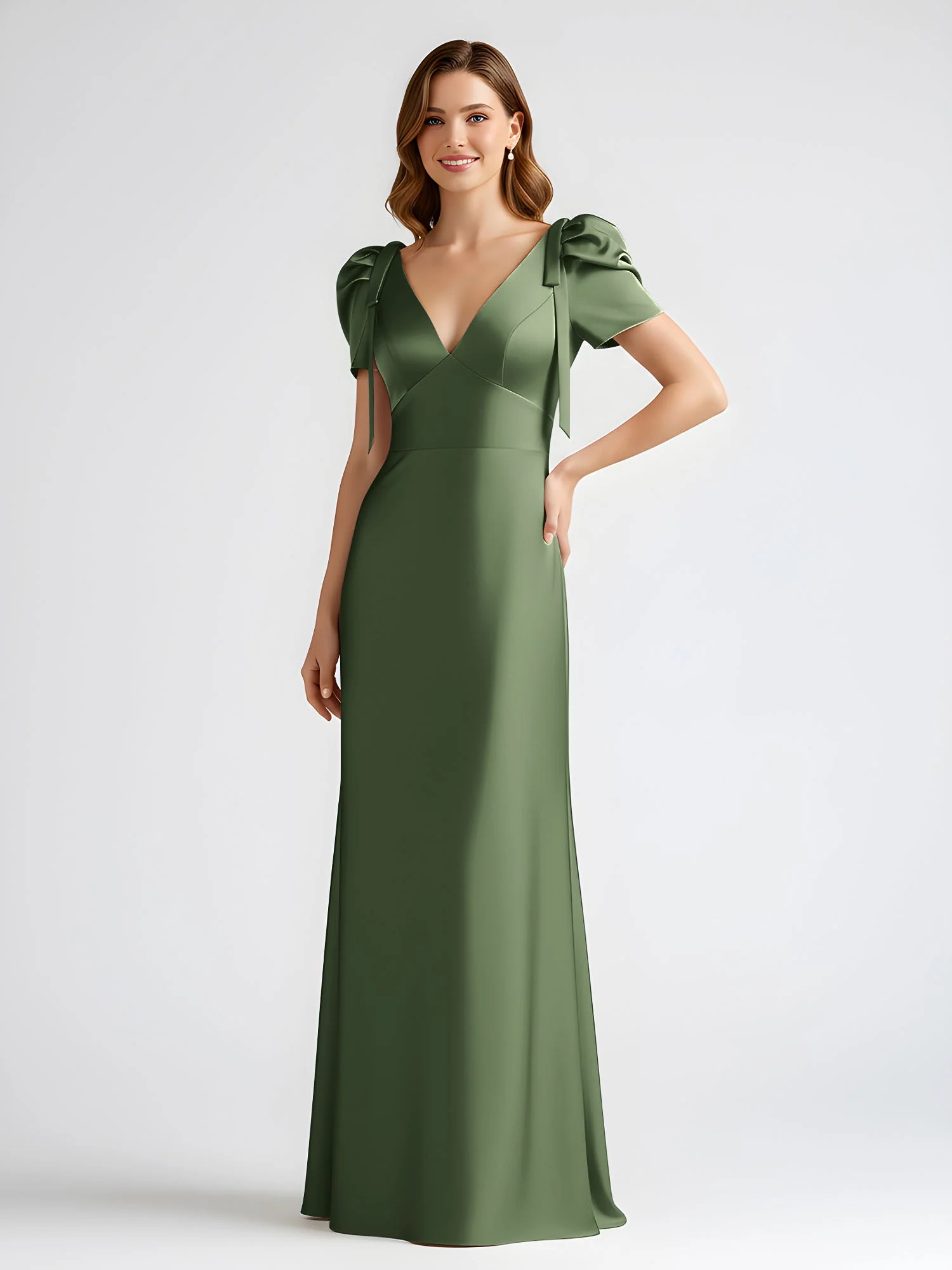 Schleife Detail Kurzarm Satin Säule Maxi Kleid Olivgrün - Image 3