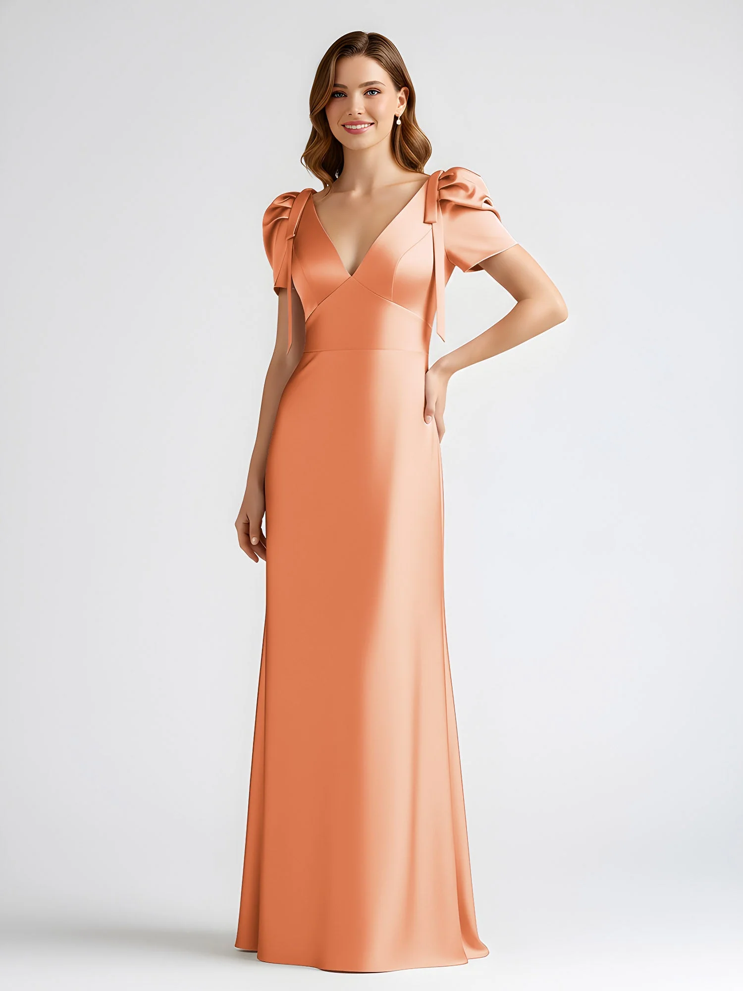Schleife Detail Kurzarm Satin Säule Maxi Kleid Papaya - Image 3