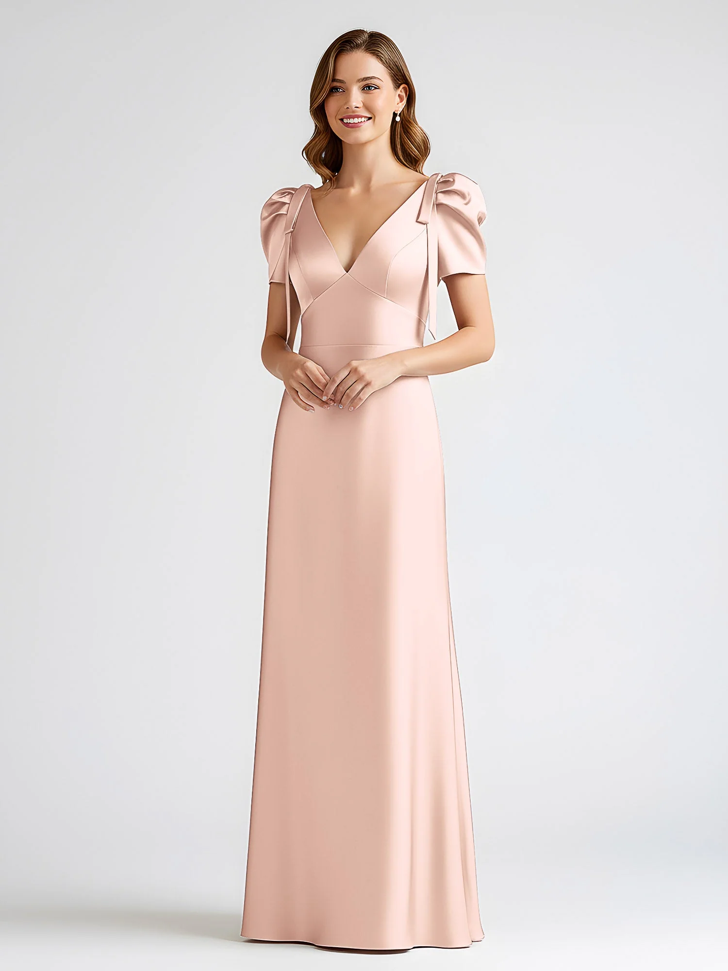 Schleife Detail Kurzarm Satin Säule Maxi Kleid Perlrosa