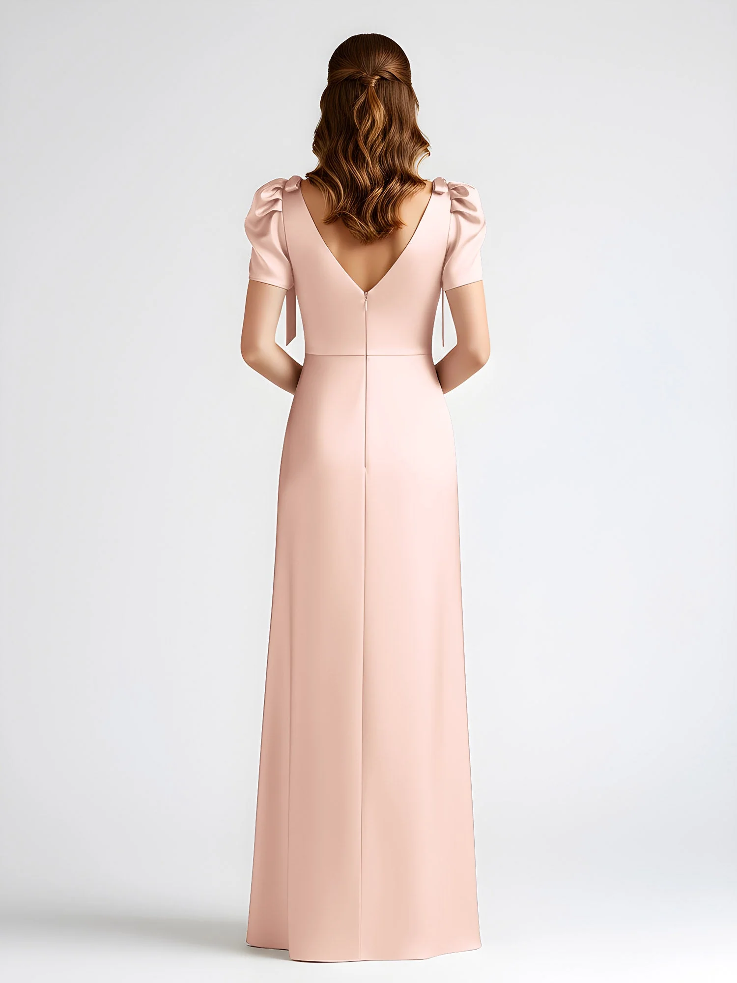 Schleife Detail Kurzarm Satin Säule Maxi Kleid Perlrosa - Image 2