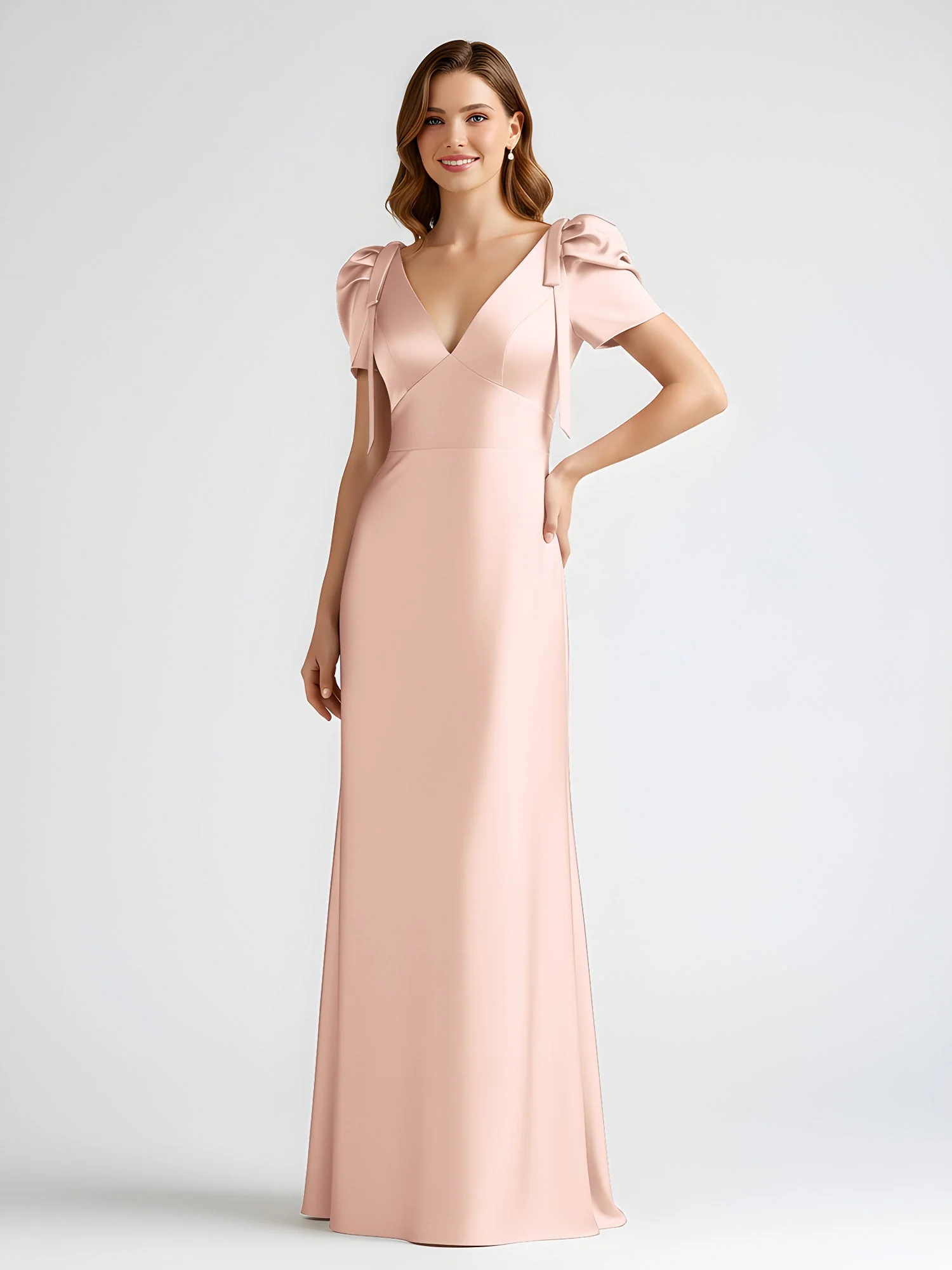 Schleife Detail Kurzarm Satin Säule Maxi Kleid Perlrosa - Image 3