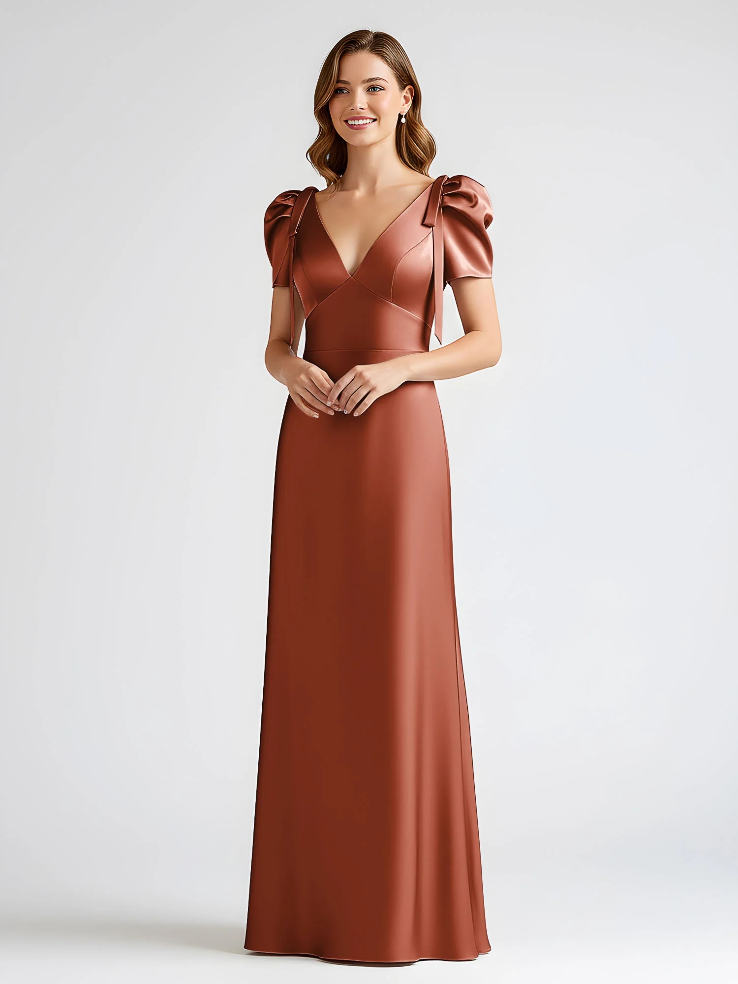 Schleife Detail Kurzarm Satin Säule Maxi Kleid Rost