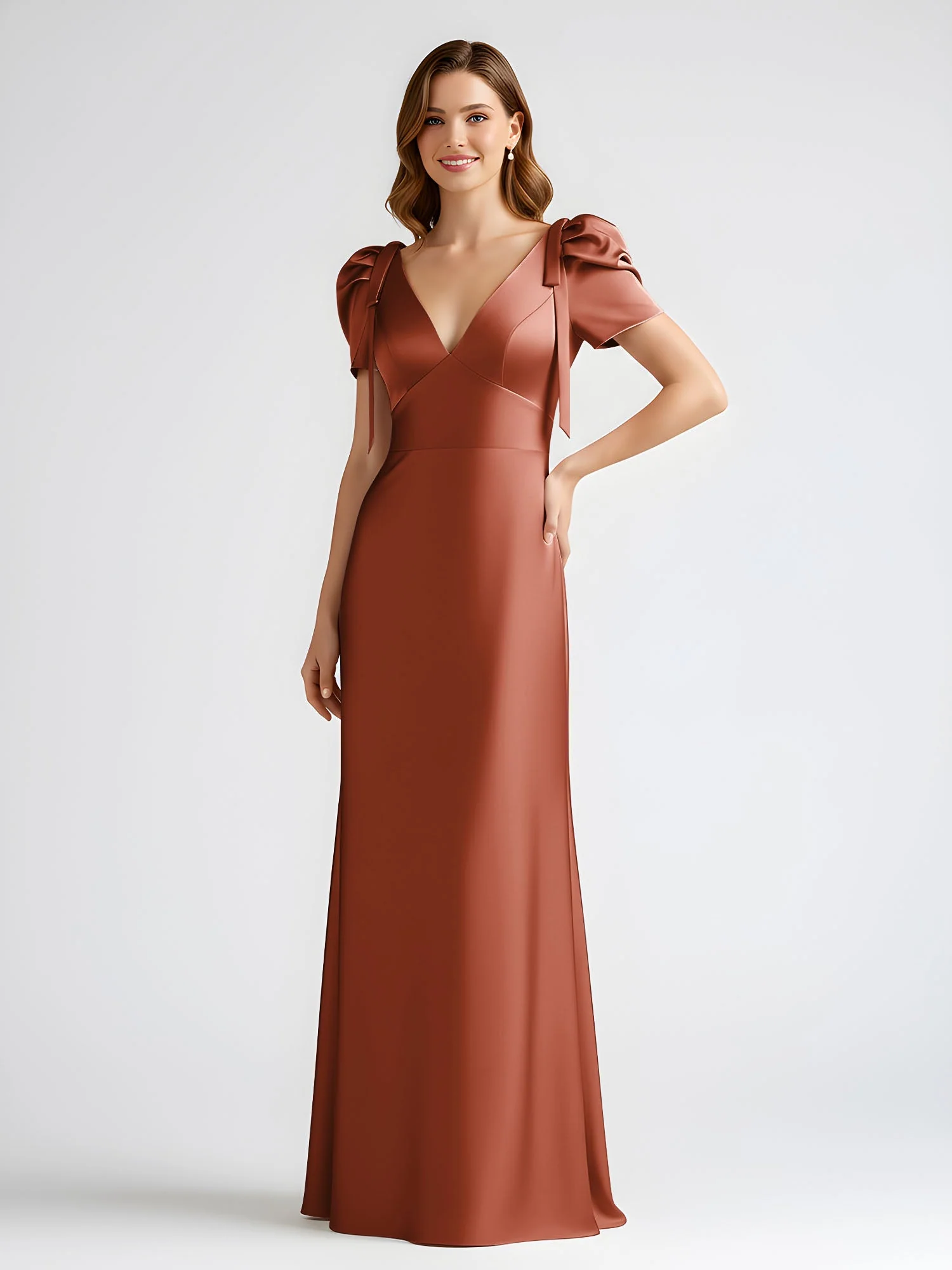Schleife Detail Kurzarm Satin Säule Maxi Kleid Rost - Image 3