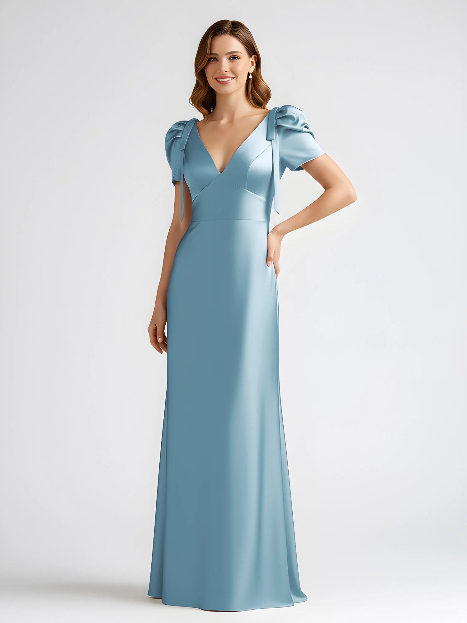 Schleife Detail Kurzarm Satin Säule Maxi Kleid Schiefer Blau - Image 3