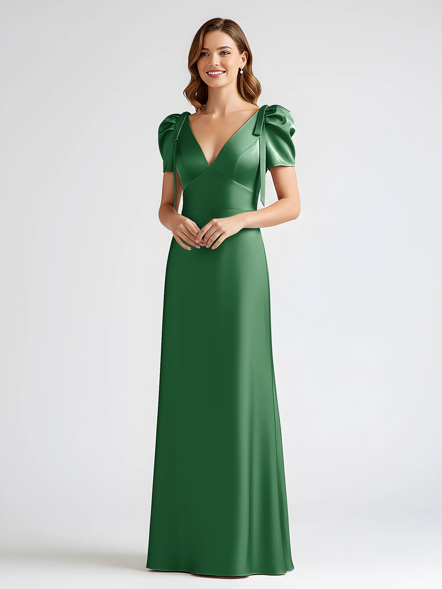 Schleife Detail Kurzarm Satin Säule Maxi Kleid Smaragd