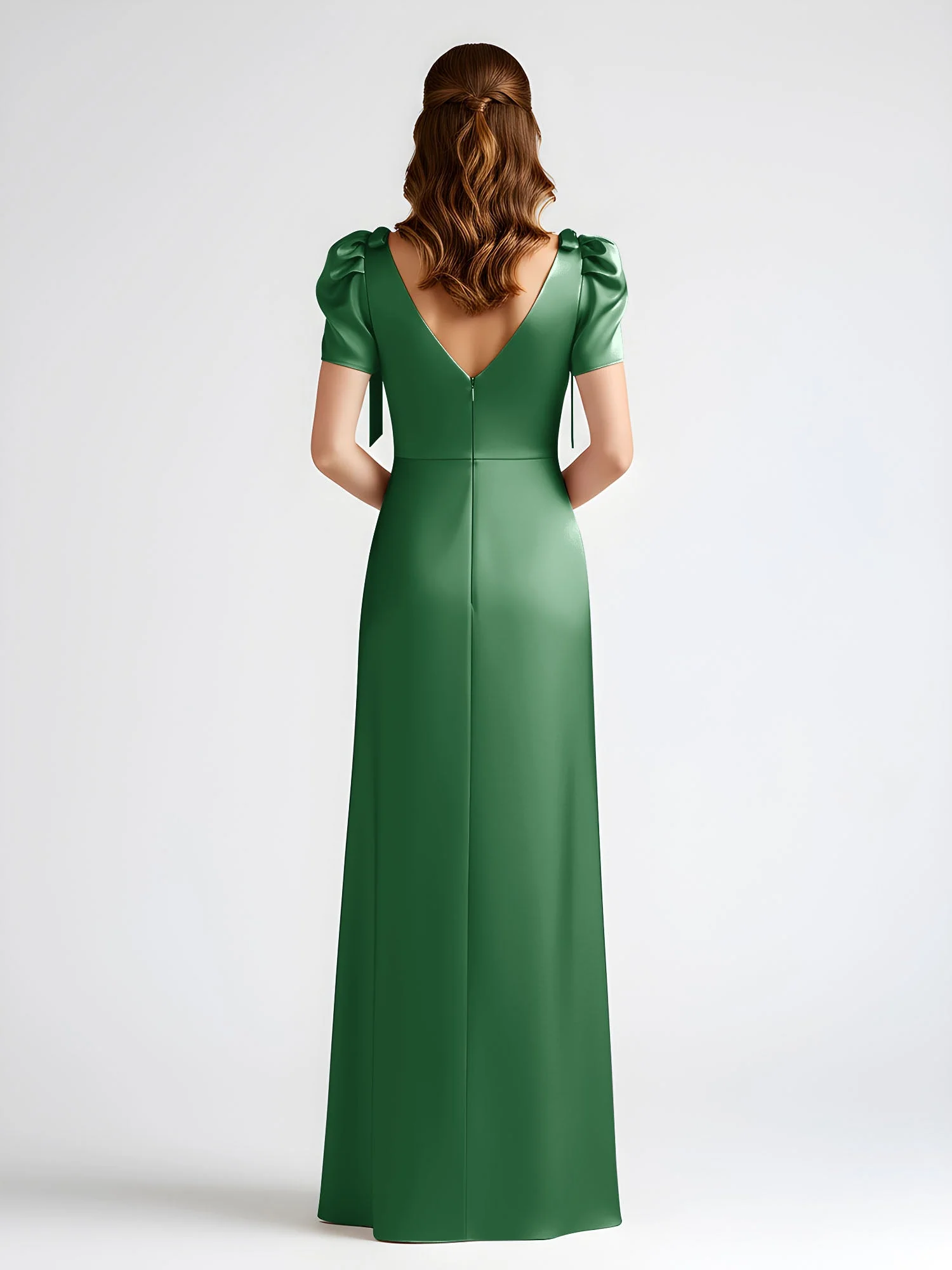 Schleife Detail Kurzarm Satin Säule Maxi Kleid Smaragd - Image 2